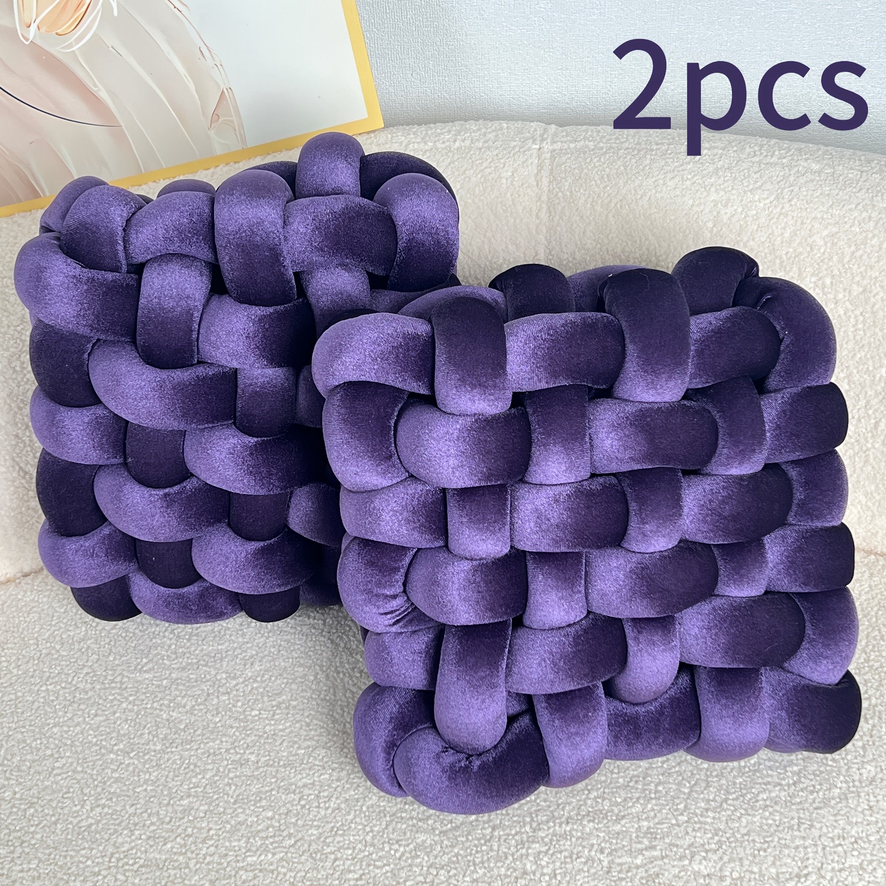 YLBKIKR 2pcs Set of Golden Velvet Hand-Knotted Square Decorative Pillows – Luxurious Cushions for Sofa, Bed, and Office Decor