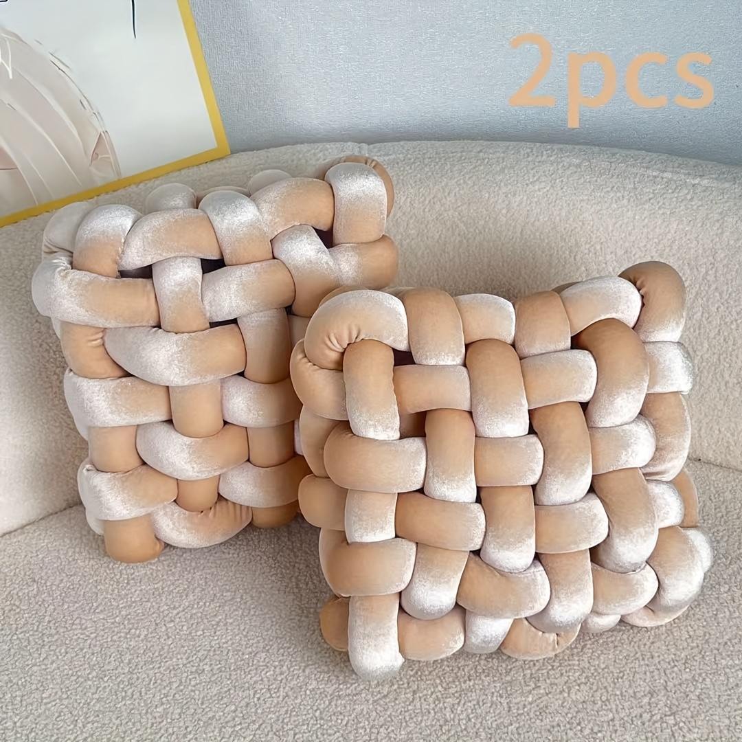 YLBKIKR 2pcs Set of Golden Velvet Hand-Knotted Square Decorative Pillows – Luxurious Cushions for Sofa, Bed, and Office Decor