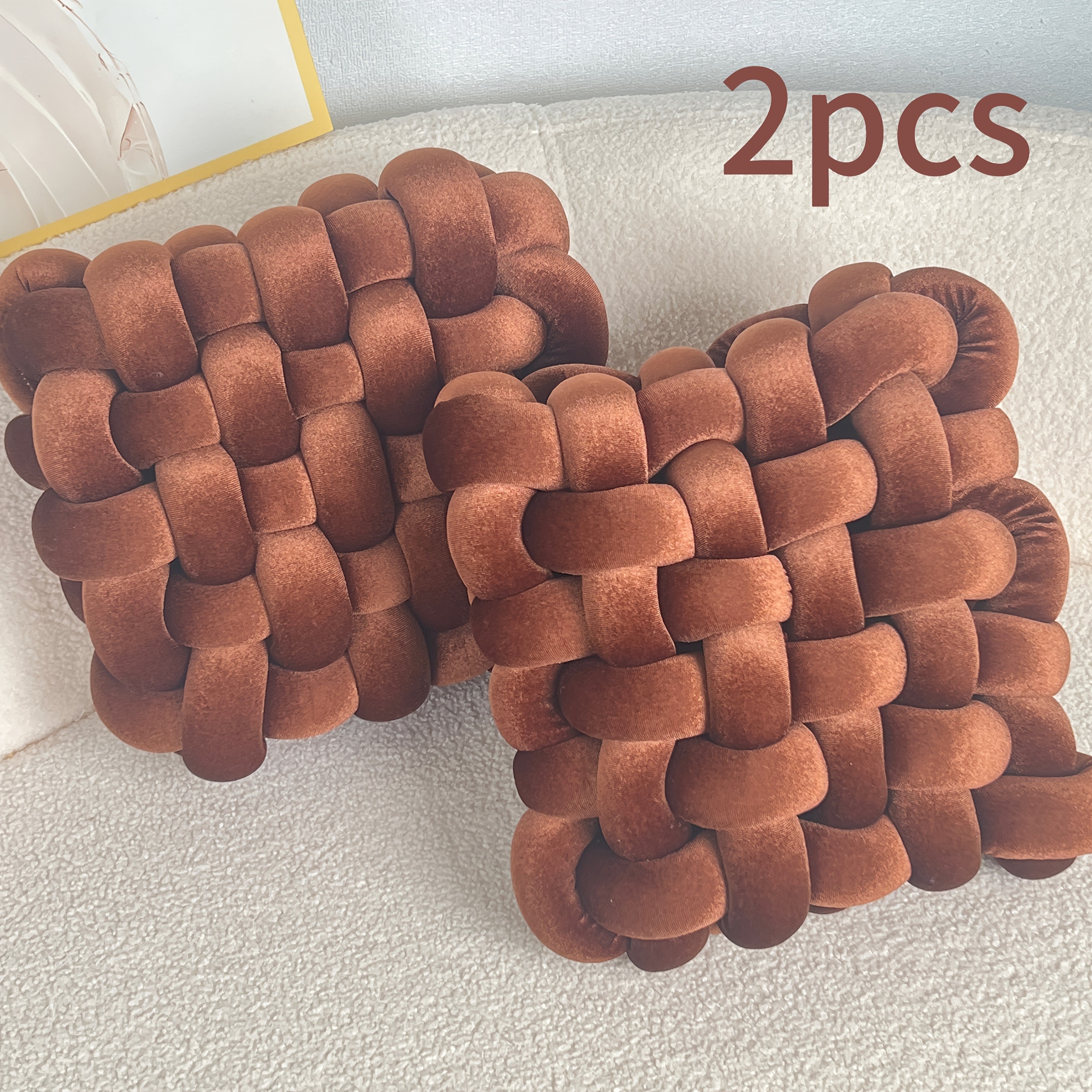 YLBKIKR 2pcs Set of Golden Velvet Hand-Knotted Square Decorative Pillows – Luxurious Cushions for Sofa, Bed, and Office Decor