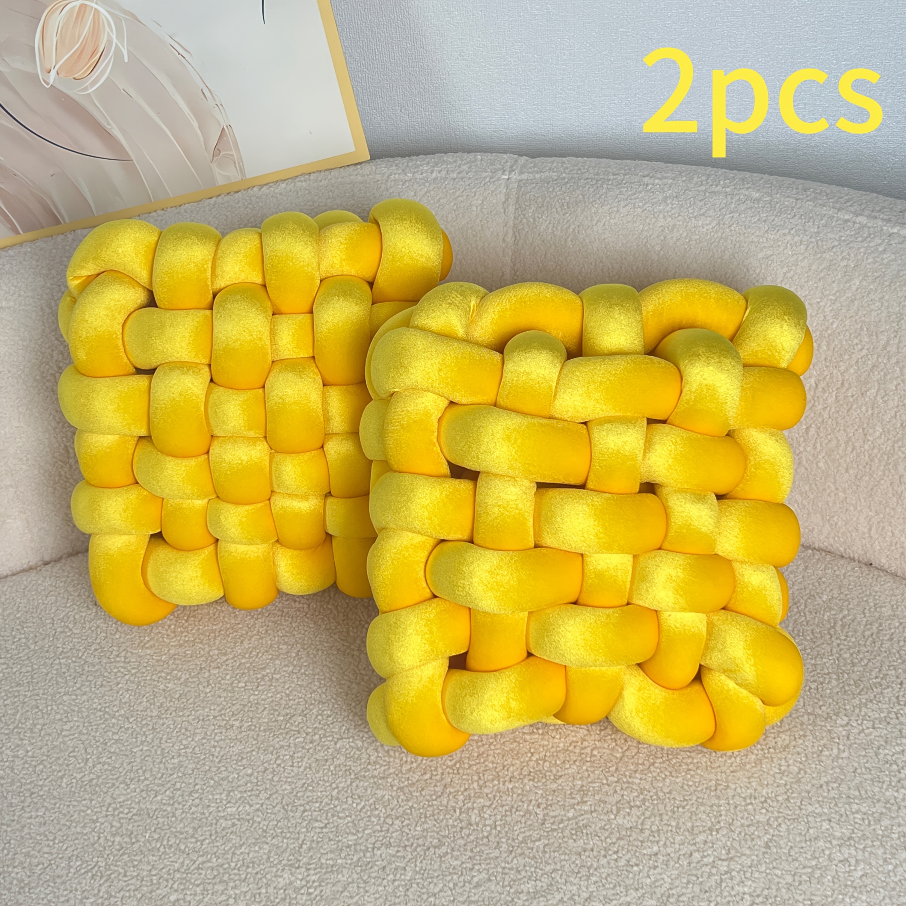 YLBKIKR 2pcs Set of Golden Velvet Hand-Knotted Square Decorative Pillows – Luxurious Cushions for Sofa, Bed, and Office Decor