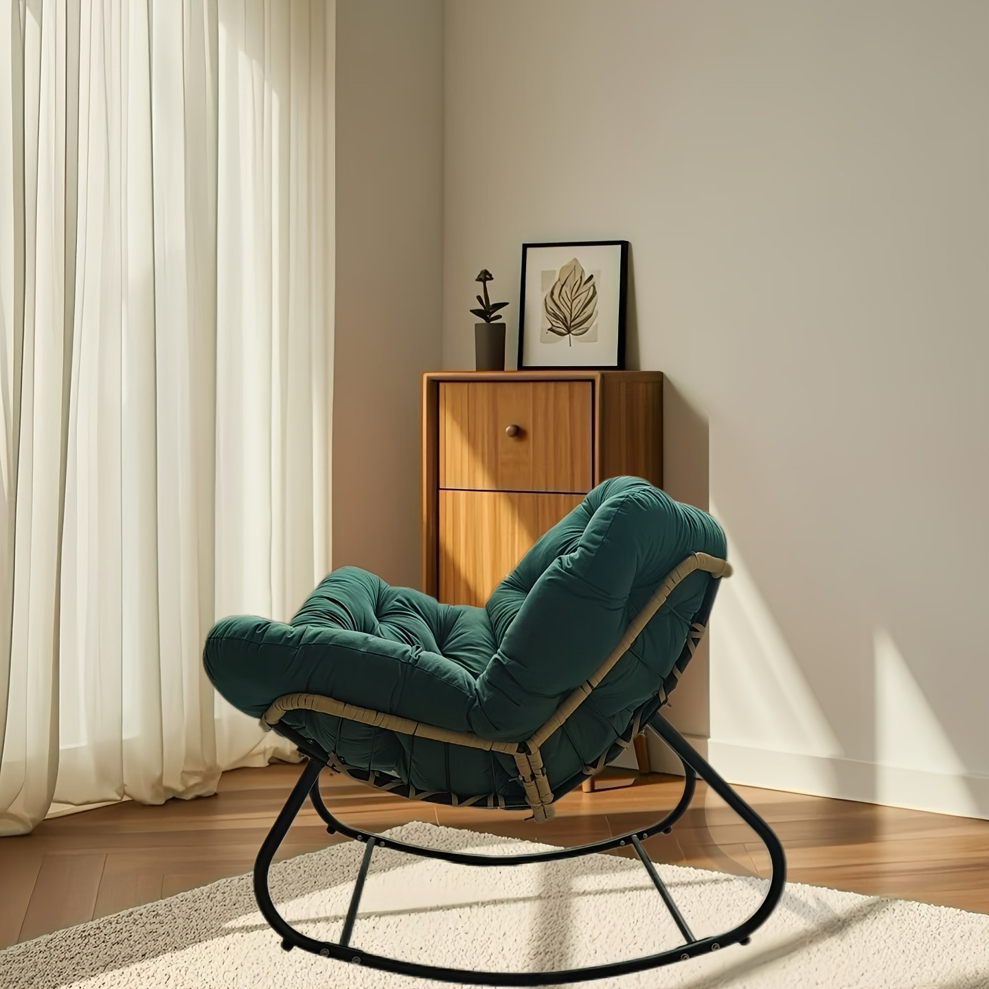 YLBKIKR Outdoor/Indoor Rocking Chair – Heavy-Duty Wicker & Metal Frame with Plush Padding for Patio, Porch, and Garden Comfort