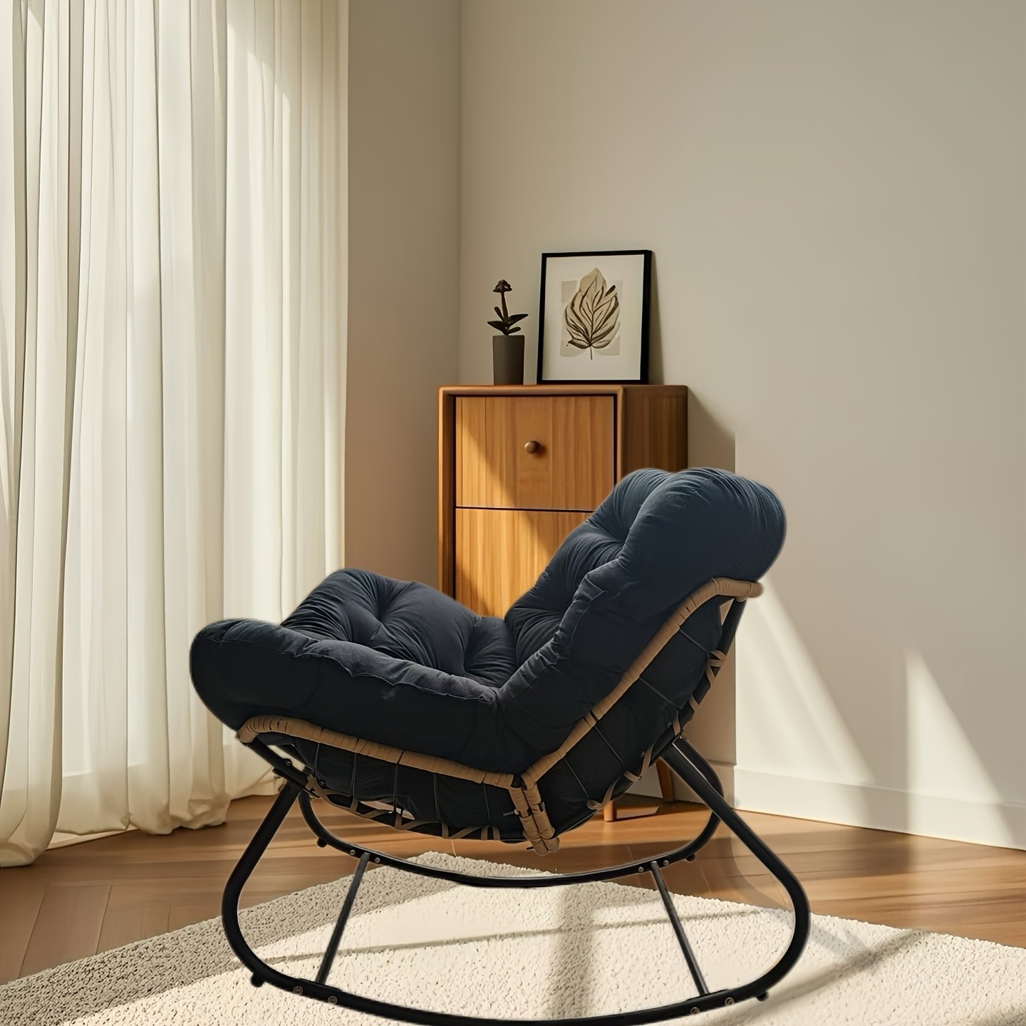 YLBKIKR Outdoor/Indoor Rocking Chair – Heavy-Duty Wicker & Metal Frame with Plush Padding for Patio, Porch, and Garden Comfort