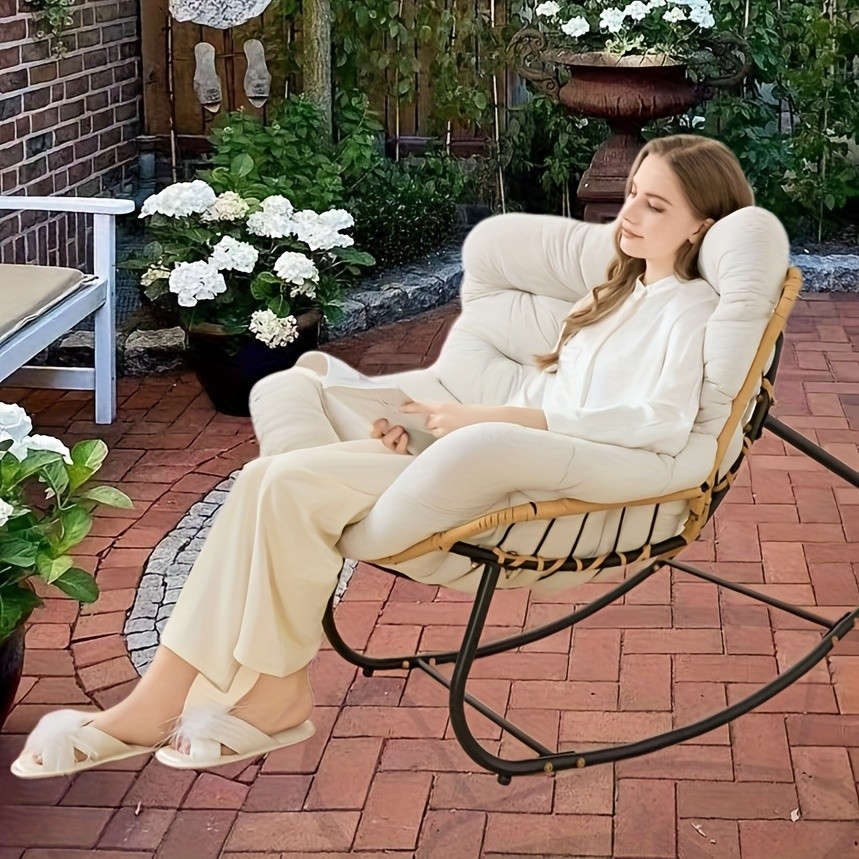YLBKIKR Outdoor/Indoor Rocking Chair – Heavy-Duty Wicker & Metal Frame with Plush Padding for Patio, Porch, and Garden Comfort