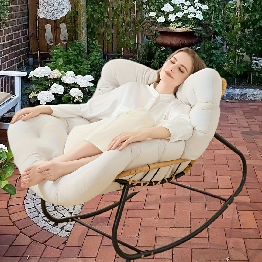 YLBKIKR Outdoor/Indoor Rocking Chair – Heavy-Duty Wicker & Metal Frame with Plush Padding for Patio, Porch, and Garden Comfort