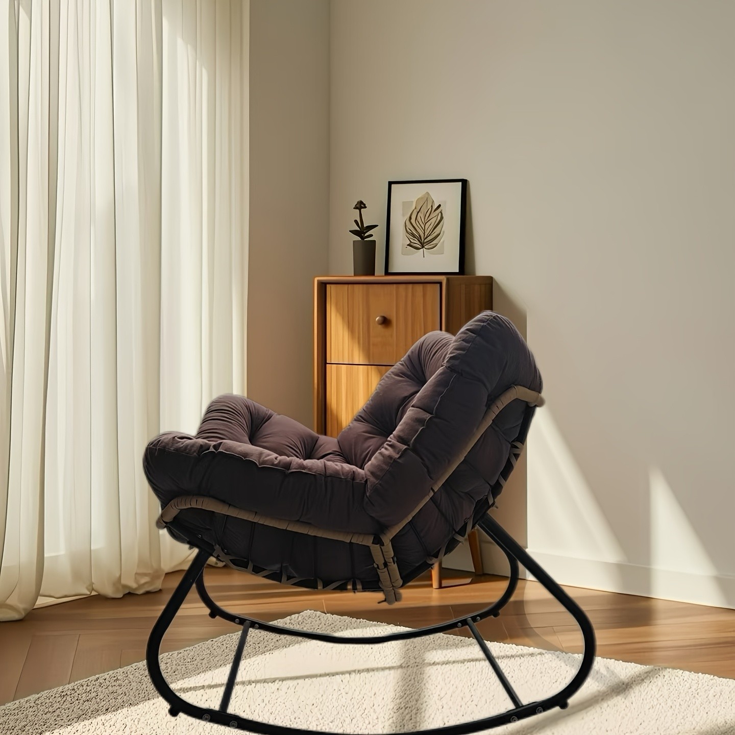 YLBKIKR Outdoor/Indoor Rocking Chair – Heavy-Duty Wicker & Metal Frame with Plush Padding for Patio, Porch, and Garden Comfort