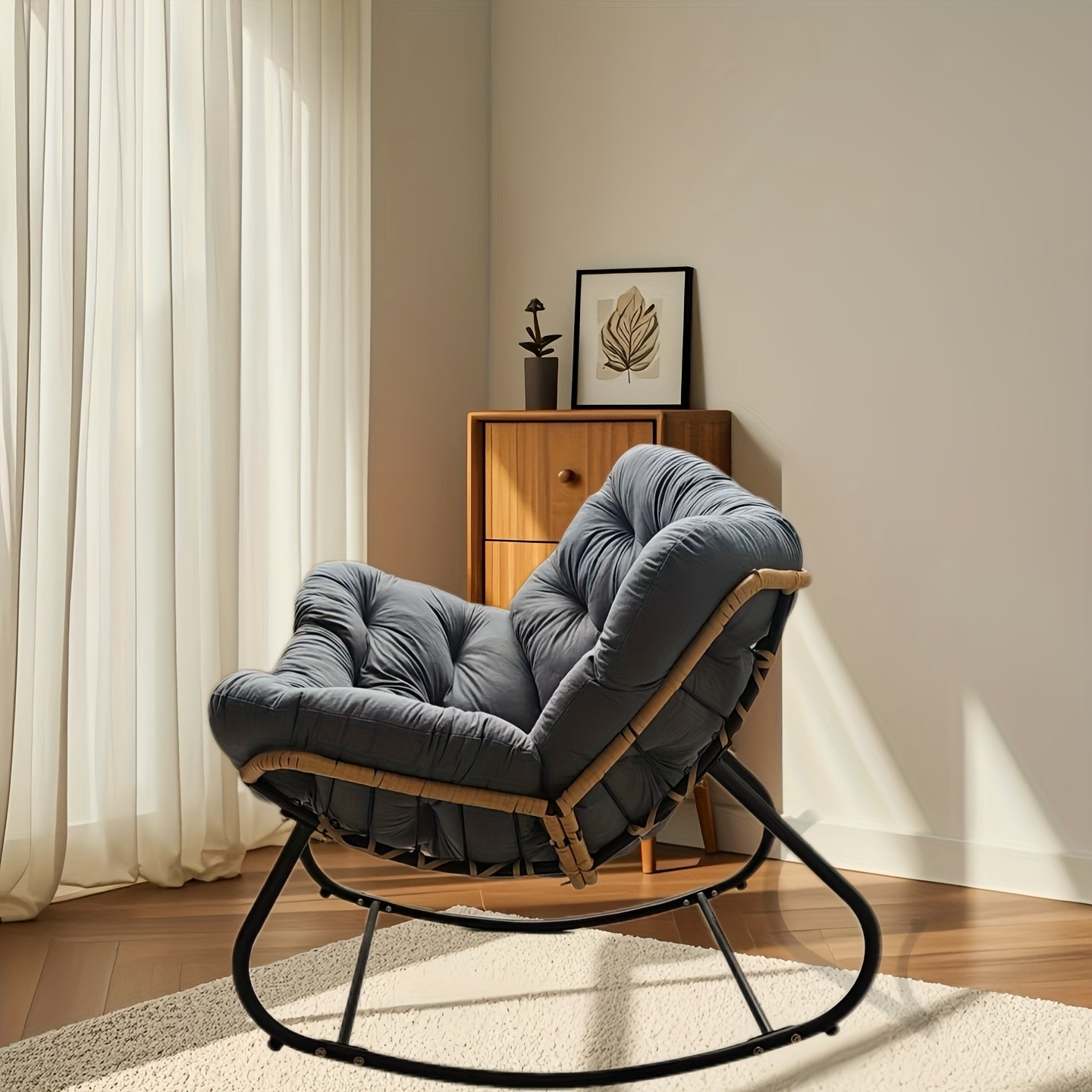 YLBKIKR Outdoor/Indoor Rocking Chair – Heavy-Duty Wicker & Metal Frame with Plush Padding for Patio, Porch, and Garden Comfort