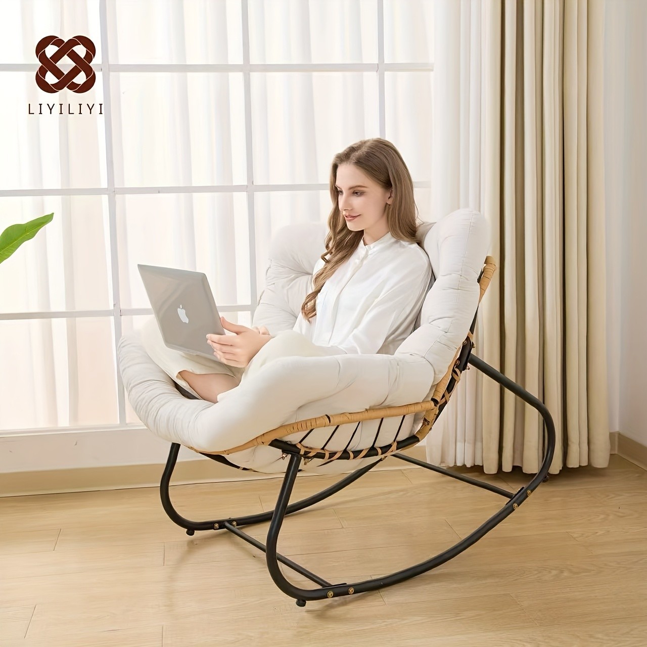 YLBKIKR Outdoor/Indoor Rocking Chair – Heavy-Duty Wicker & Metal Frame with Plush Padding for Patio, Porch, and Garden Comfort