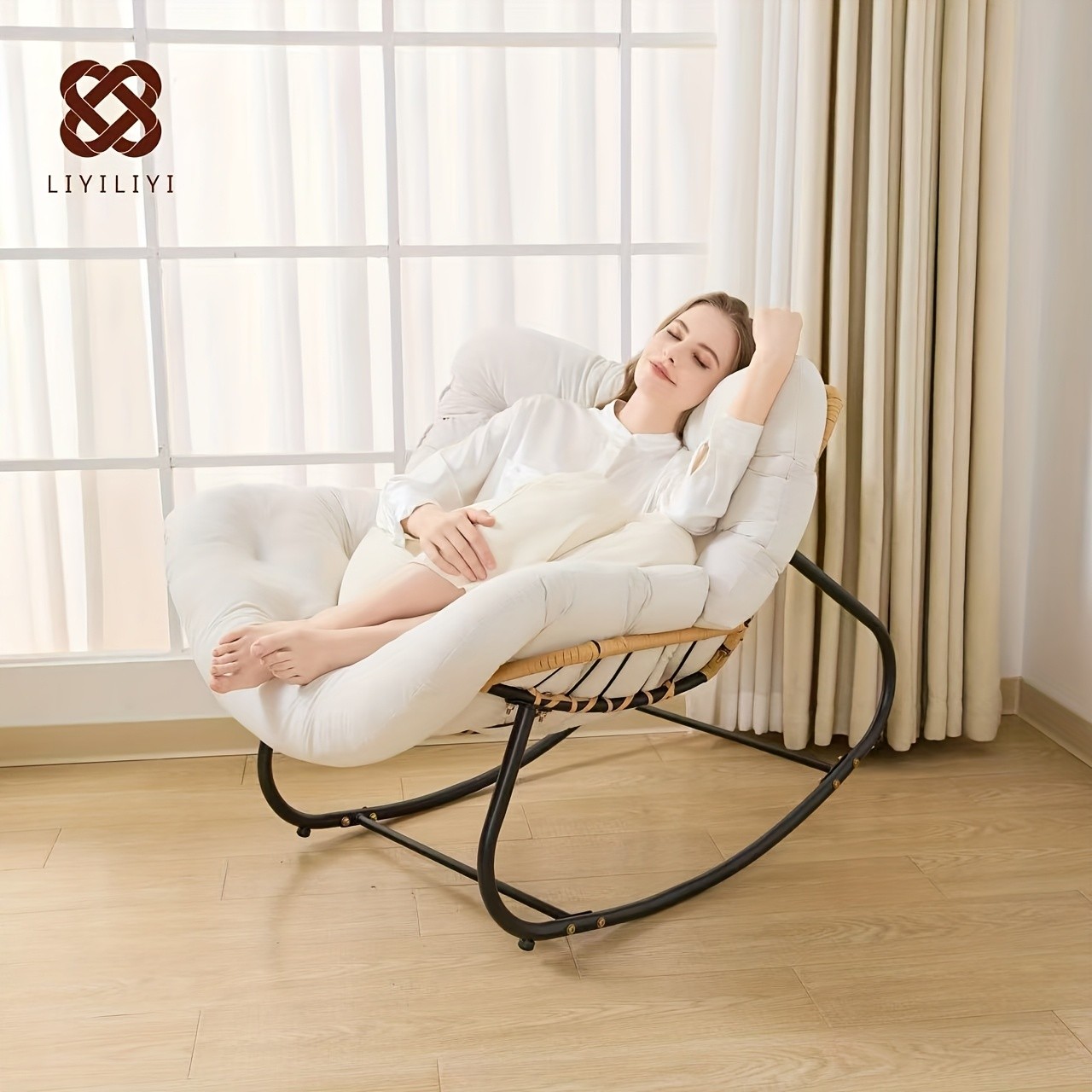 YLBKIKR Outdoor/Indoor Rocking Chair – Heavy-Duty Wicker & Metal Frame with Plush Padding for Patio, Porch, and Garden Comfort