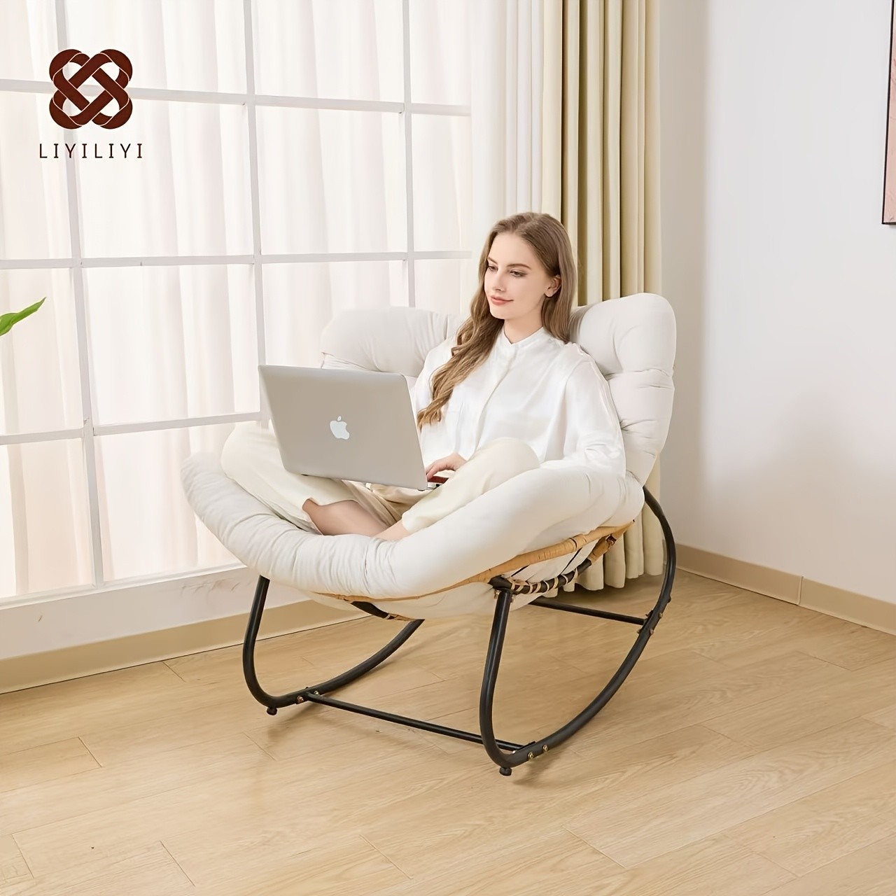 YLBKIKR Outdoor/Indoor Rocking Chair – Heavy-Duty Wicker & Metal Frame with Plush Padding for Patio, Porch, and Garden Comfort