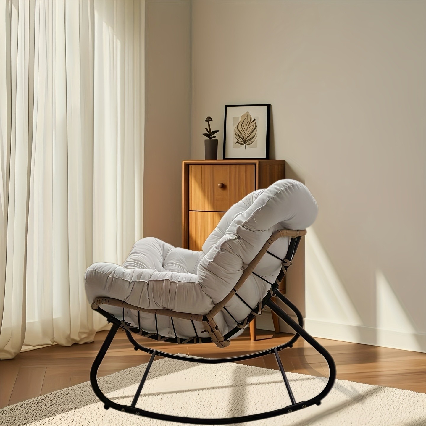 YLBKIKR Outdoor/Indoor Rocking Chair – Heavy-Duty Wicker & Metal Frame with Plush Padding for Patio, Porch, and Garden Comfort