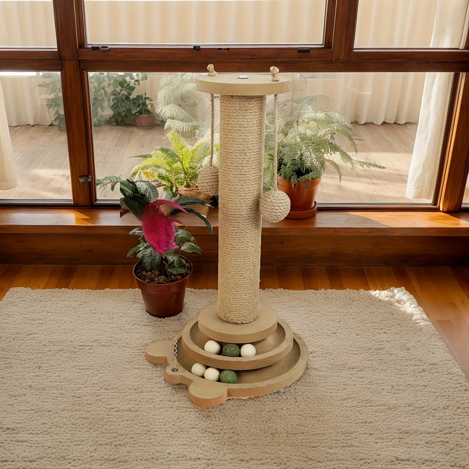 HAOZCL Interactive Cat Scratching Post Tower – Durable, Multi-Functional Scratch Board with Ball Track and Hanging Toys for Endless Fun