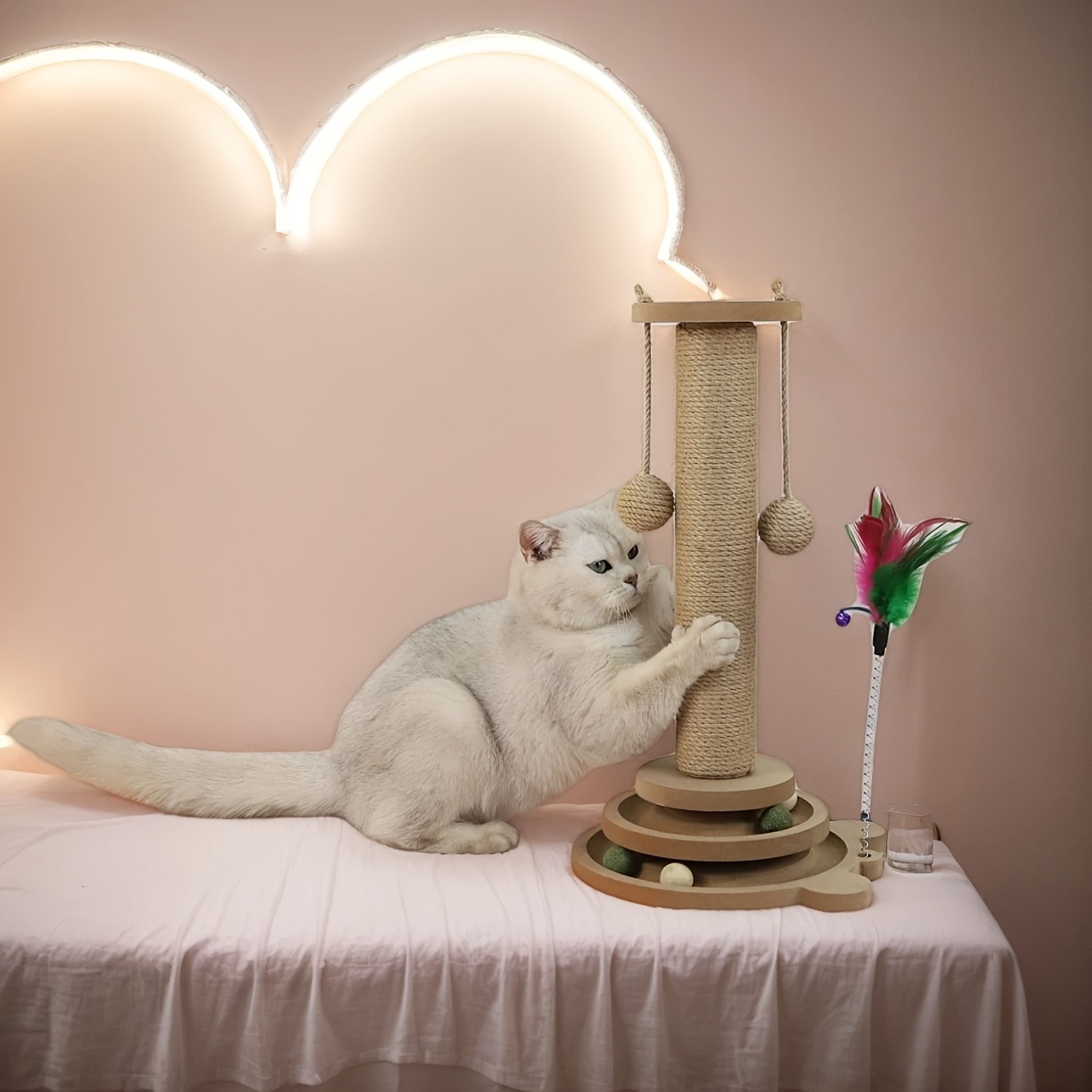 HAOZCL Interactive Cat Scratching Post Tower – Durable, Multi-Functional Scratch Board with Ball Track and Hanging Toys for Endless Fun