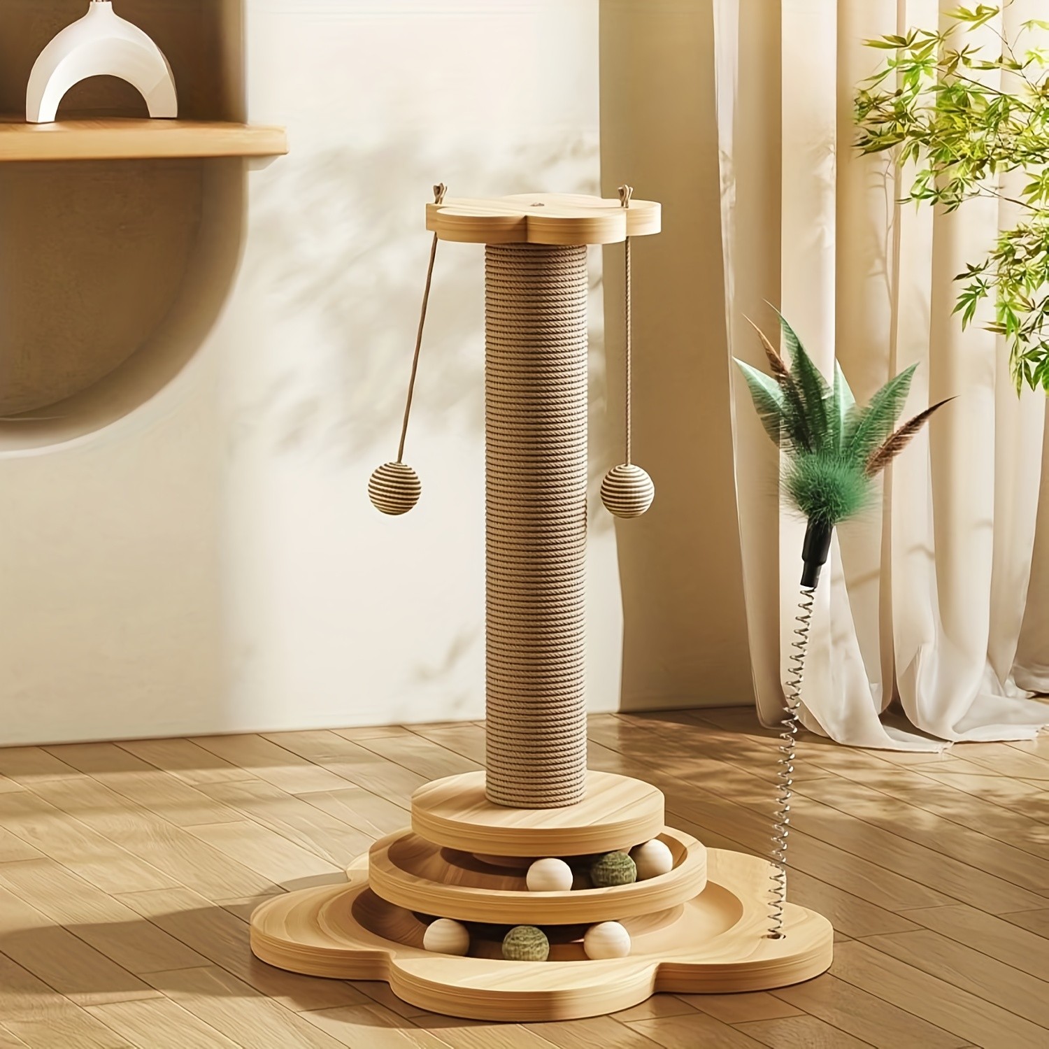 HAOZCL Interactive Cat Scratching Post Tower – Durable, Multi-Functional Scratch Board with Ball Track and Hanging Toys for Endless Fun