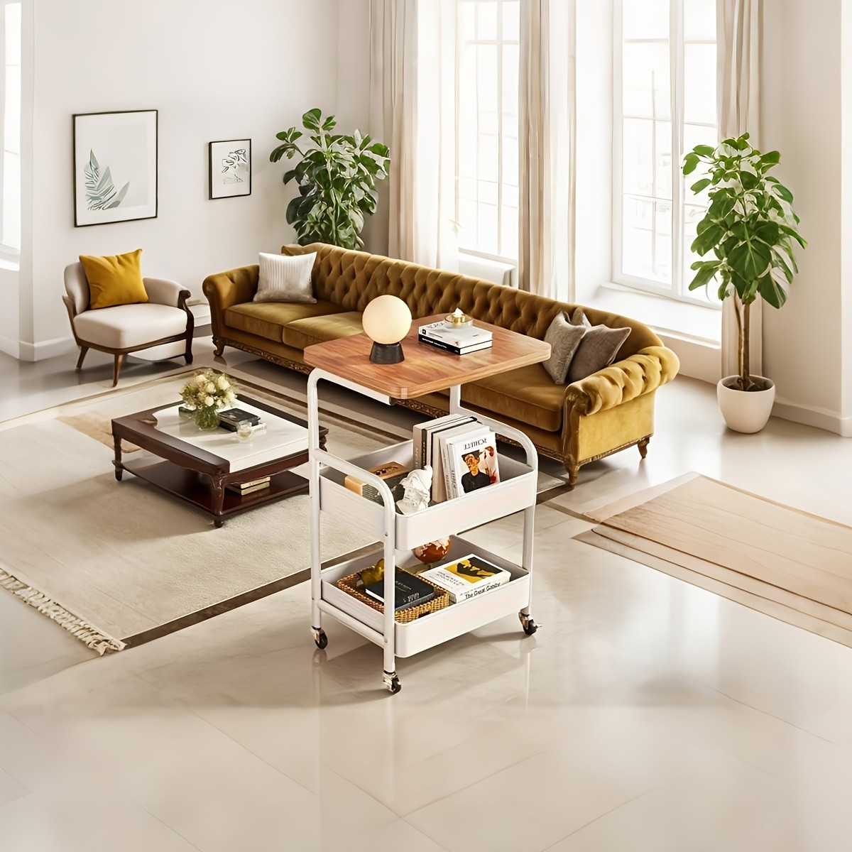 HAOZCL 3-Tier Rolling Cart with Tabletop – Durable Carbon Steel Frame for Easy Mobility and Versatile Storage