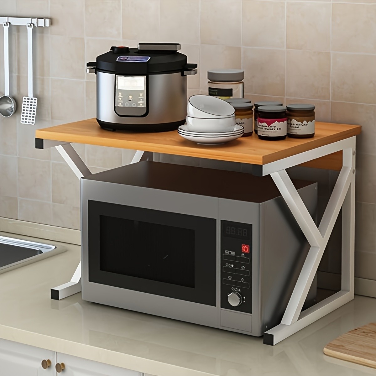 HAOZCL Modern Wooden & Metal Kitchen Cart with 2-Tier Shelves – Sleek Countertop Storage Rack for Microwave, Coffee Maker, and Spice Jars