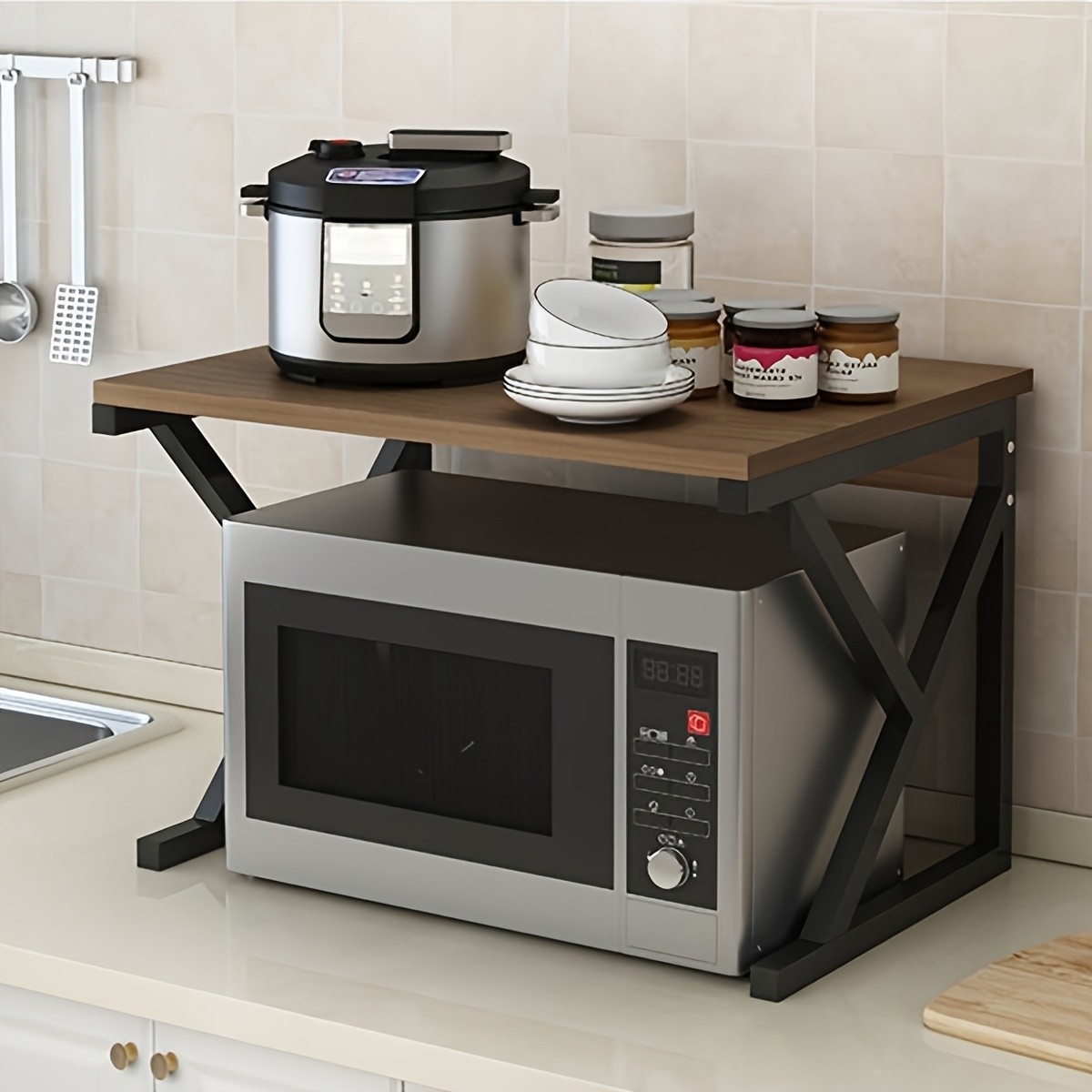 HAOZCL Modern Wooden & Metal Kitchen Cart with 2-Tier Shelves – Sleek Countertop Storage Rack for Microwave, Coffee Maker, and Spice Jars