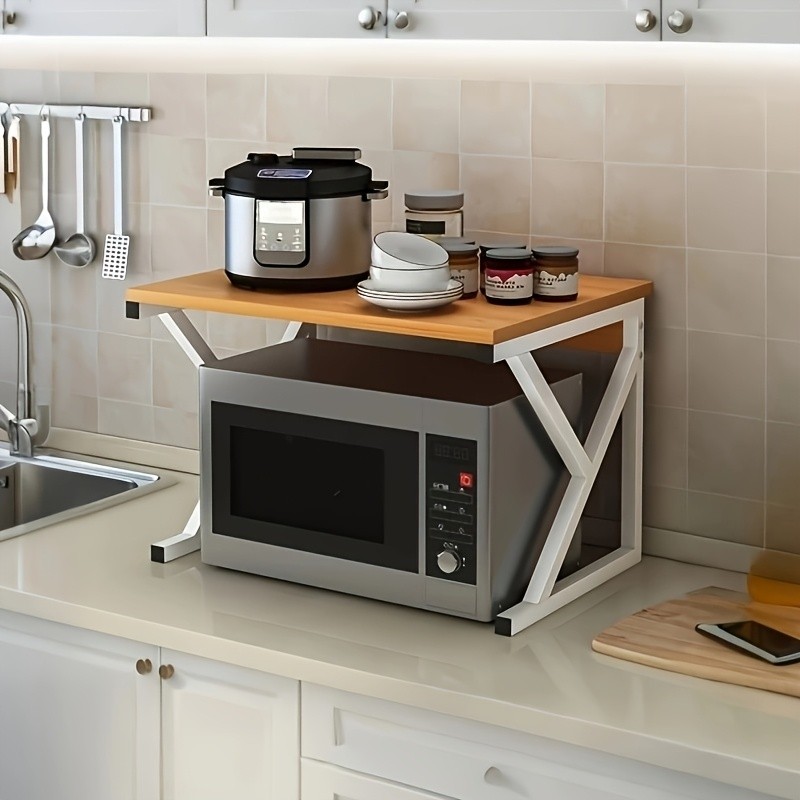 HAOZCL Modern Wooden & Metal Kitchen Cart with 2-Tier Shelves – Sleek Countertop Storage Rack for Microwave, Coffee Maker, and Spice Jars