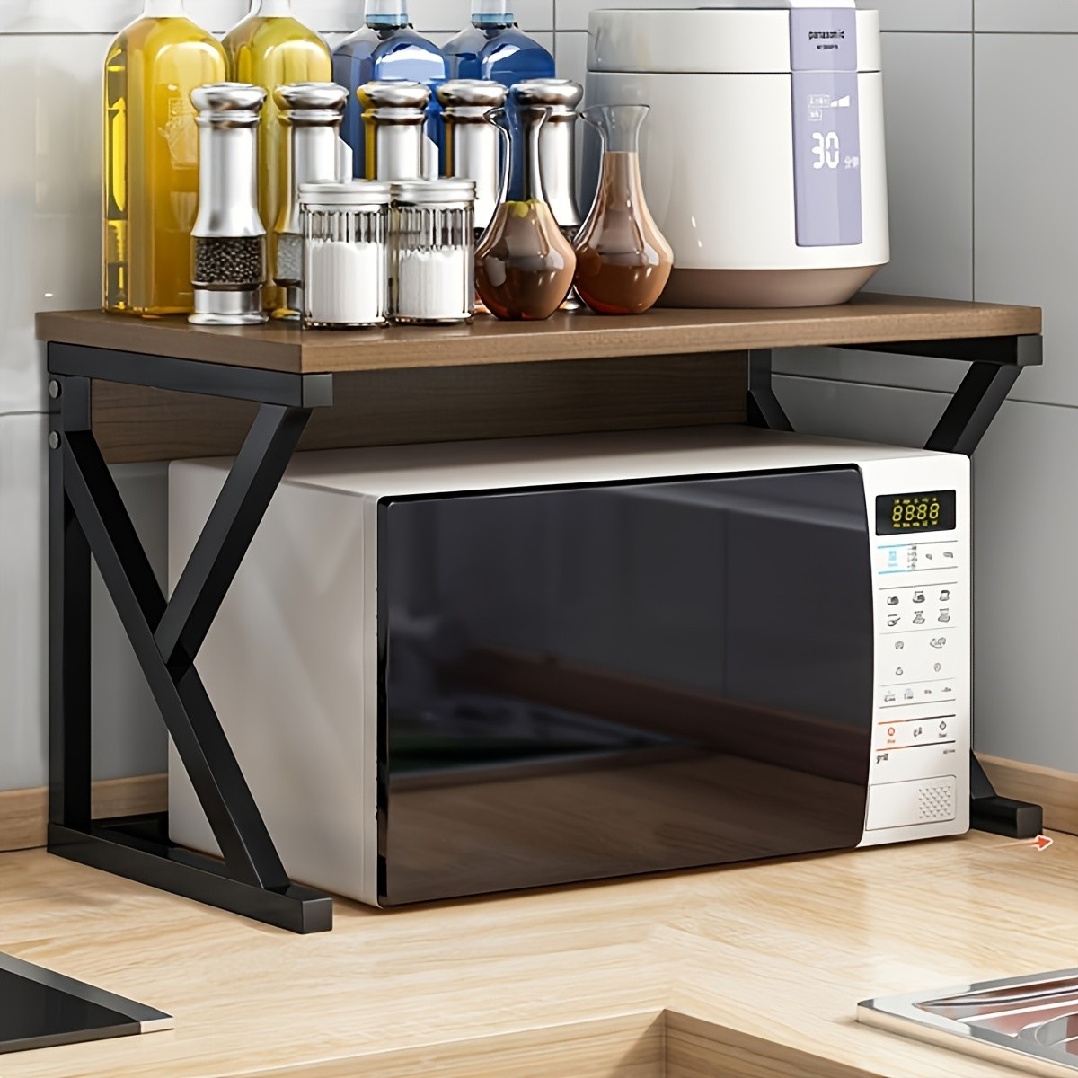 HAOZCL Modern Wooden & Metal Kitchen Cart with 2-Tier Shelves – Sleek Countertop Storage Rack for Microwave, Coffee Maker, and Spice Jars