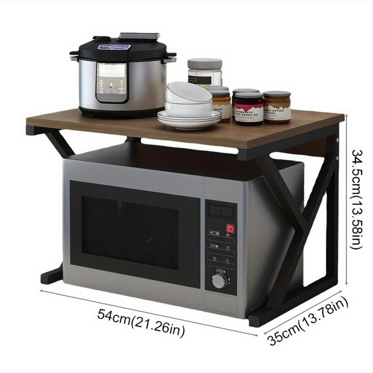 HAOZCL Modern Wooden & Metal Kitchen Cart with 2-Tier Shelves – Sleek Countertop Storage Rack for Microwave, Coffee Maker, and Spice Jars