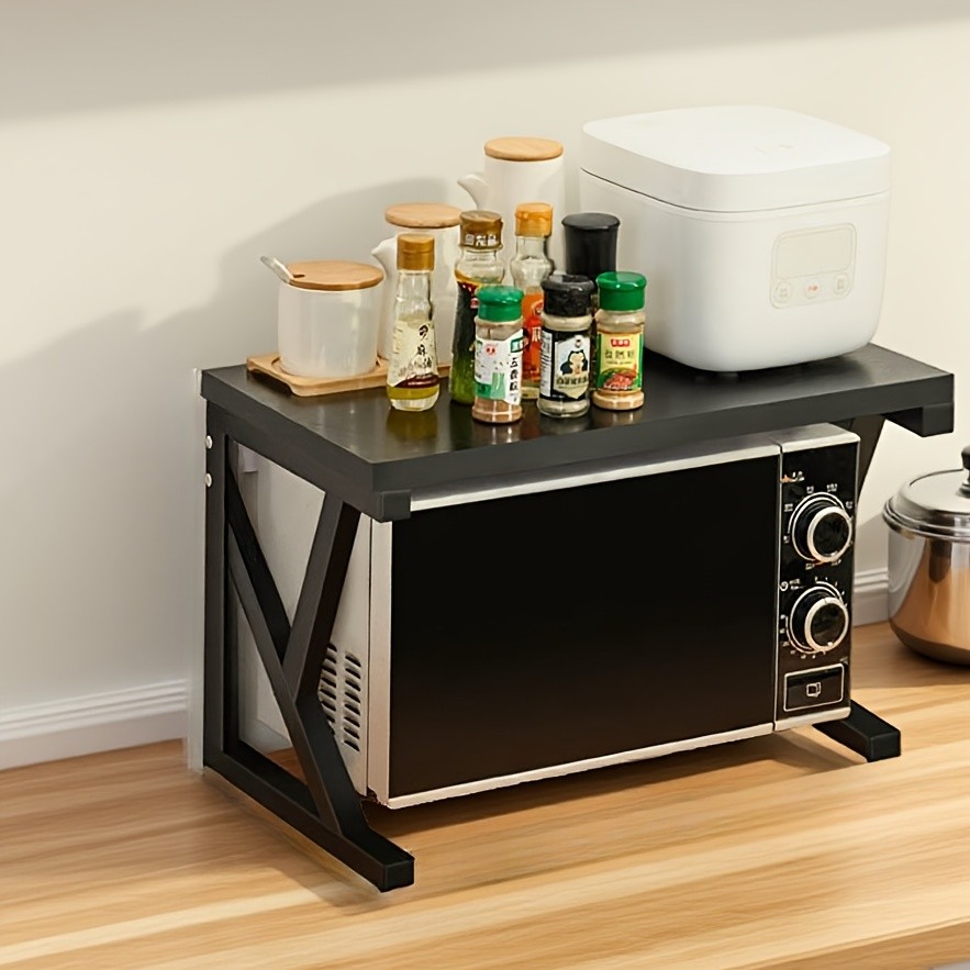 HAOZCL Modern Wooden & Metal Kitchen Cart with 2-Tier Shelves – Sleek Countertop Storage Rack for Microwave, Coffee Maker, and Spice Jars