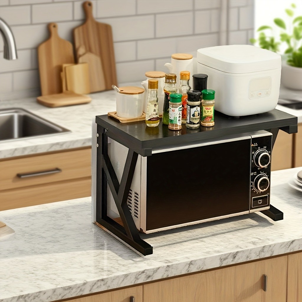 HAOZCL Modern Wooden & Metal Kitchen Cart with 2-Tier Shelves – Sleek Countertop Storage Rack for Microwave, Coffee Maker, and Spice Jars