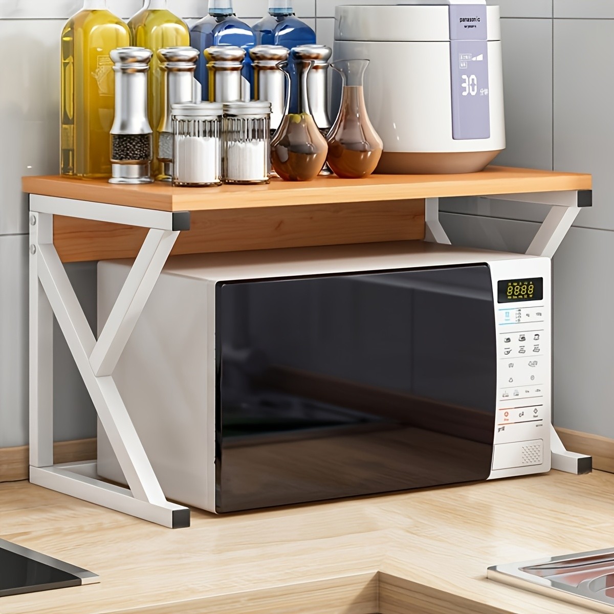 HAOZCL Modern Wooden & Metal Kitchen Cart with 2-Tier Shelves – Sleek Countertop Storage Rack for Microwave, Coffee Maker, and Spice Jars