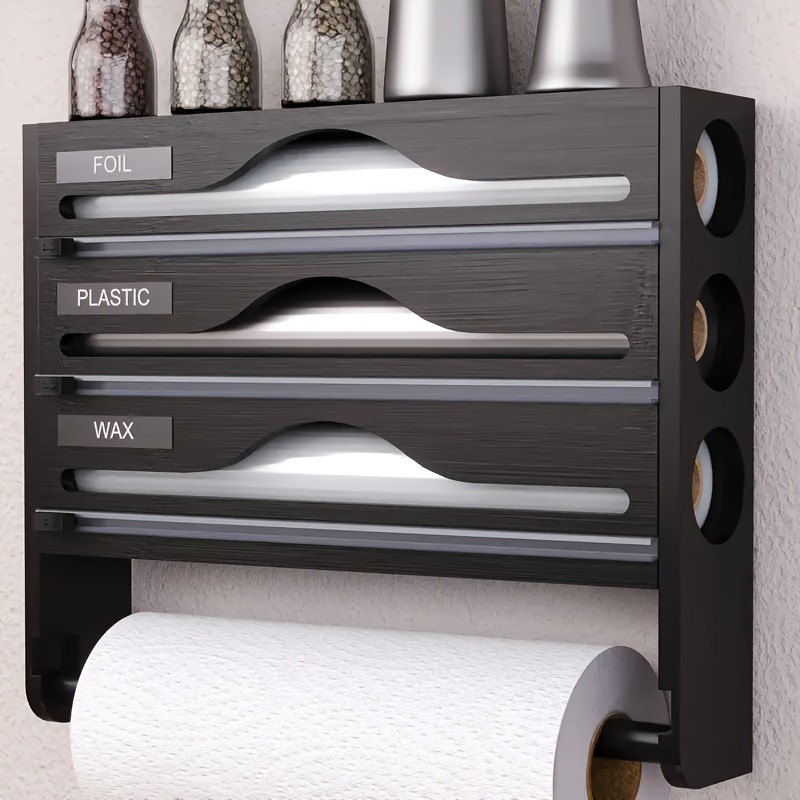 HAOZCL 3-Compartment Cling Film Cutter with Paper Towel Holder – Aluminum Foil, Wax Paper, and Trash Bag Storage in One Sleek Bamboo Organizer