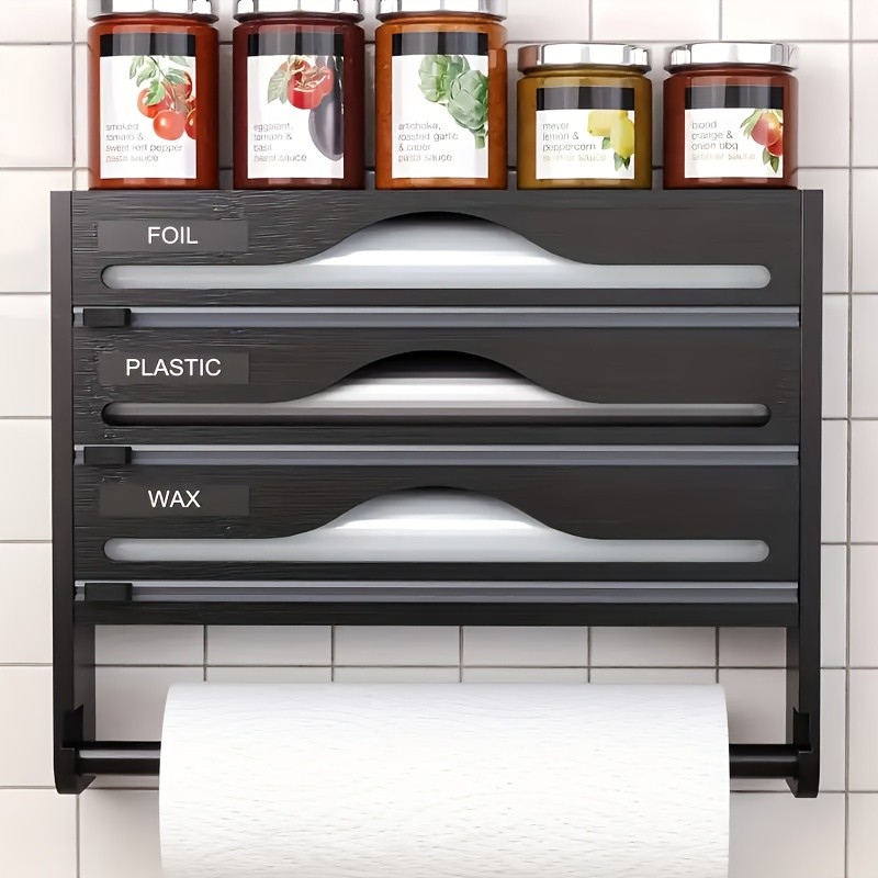 HAOZCL 3-Compartment Cling Film Cutter with Paper Towel Holder – Aluminum Foil, Wax Paper, and Trash Bag Storage in One Sleek Bamboo Organizer