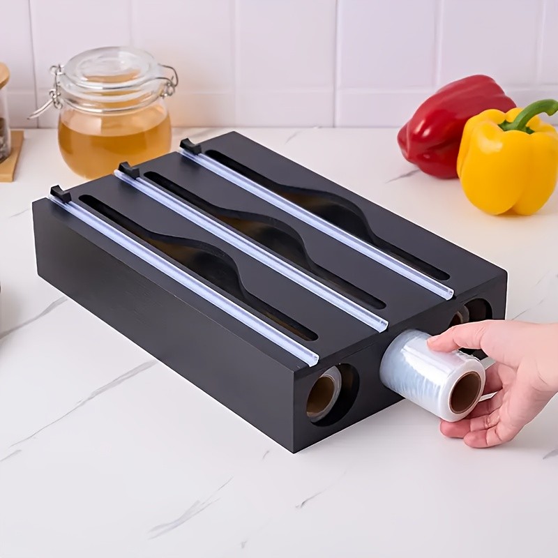 HAOZCL 3-Compartment Cling Film Cutter with Paper Towel Holder – Aluminum Foil, Wax Paper, and Trash Bag Storage in One Sleek Bamboo Organizer