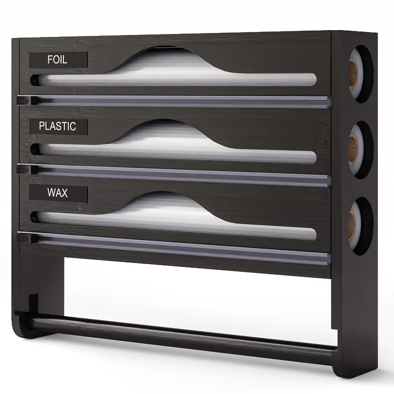 HAOZCL 3-Compartment Cling Film Cutter with Paper Towel Holder – Aluminum Foil, Wax Paper, and Trash Bag Storage in One Sleek Bamboo Organizer