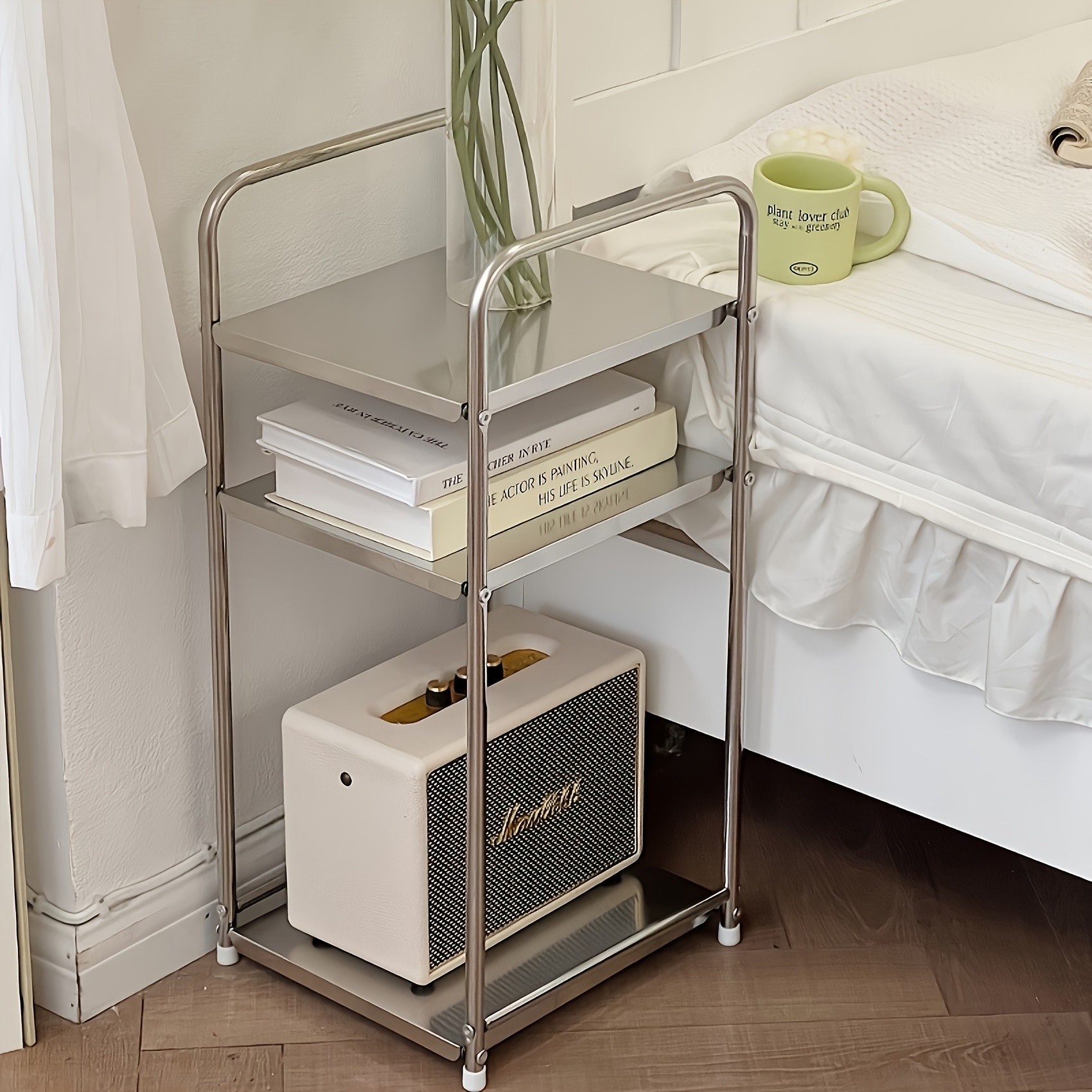 HAOZCL Three-Level Stainless Steel Side Table – Industrial Design Storage Shelf for Living Room, Bedroom, and More