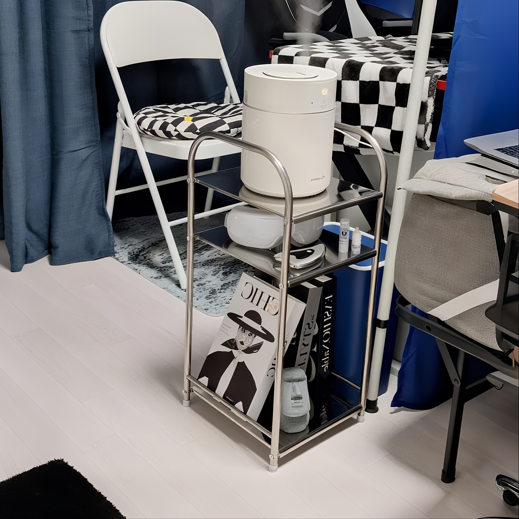 HAOZCL Three-Level Stainless Steel Side Table – Industrial Design Storage Shelf for Living Room, Bedroom, and More