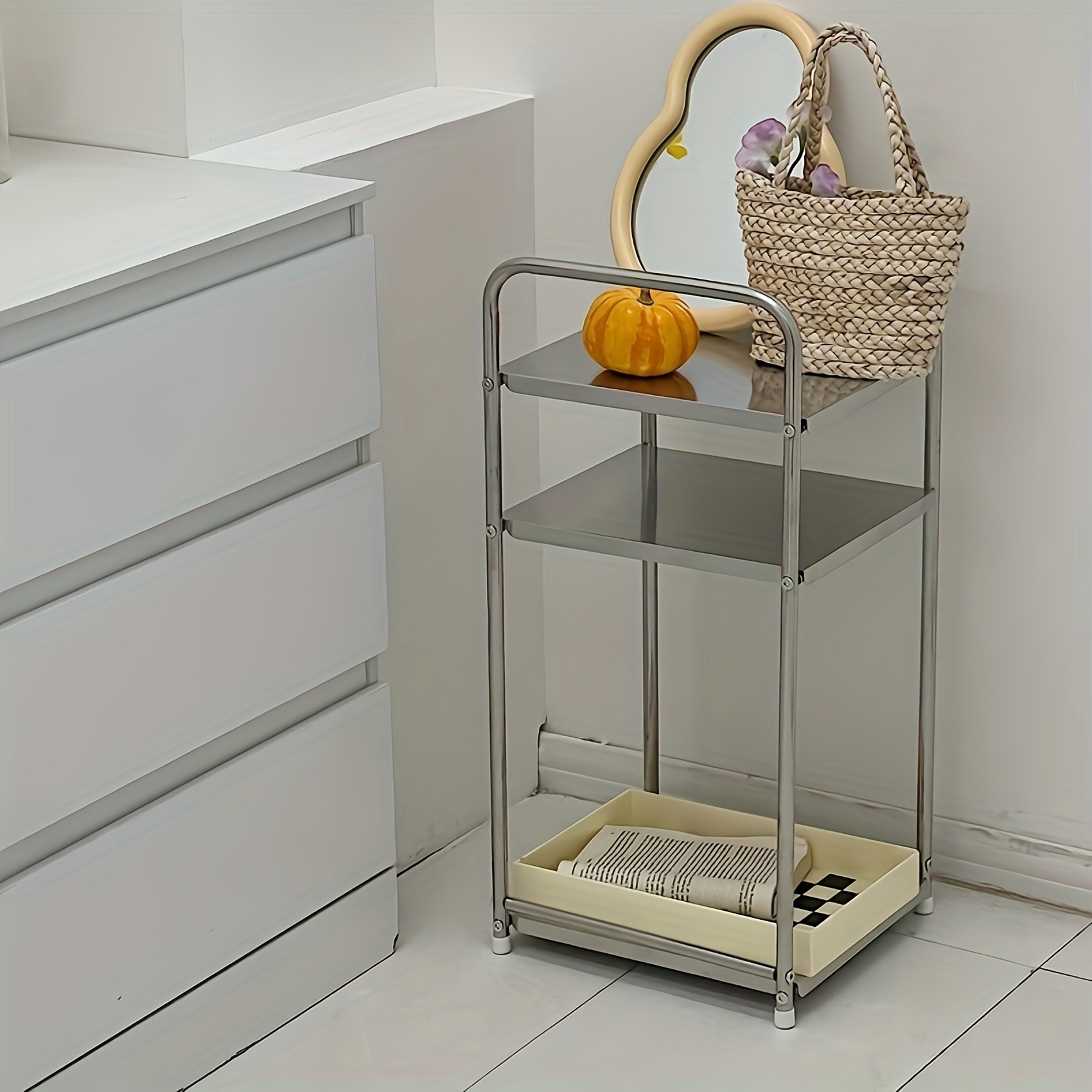 HAOZCL Three-Level Stainless Steel Side Table – Industrial Design Storage Shelf for Living Room, Bedroom, and More