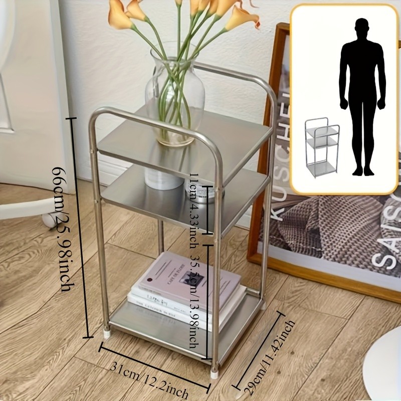 HAOZCL Three-Level Stainless Steel Side Table – Industrial Design Storage Shelf for Living Room, Bedroom, and More