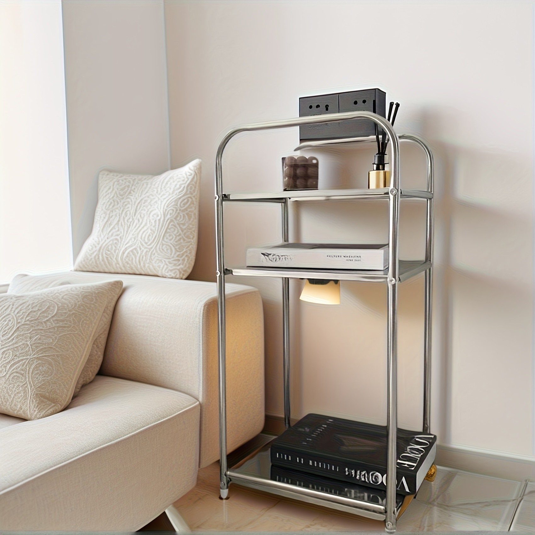 HAOZCL Three-Level Stainless Steel Side Table – Industrial Design Storage Shelf for Living Room, Bedroom, and More