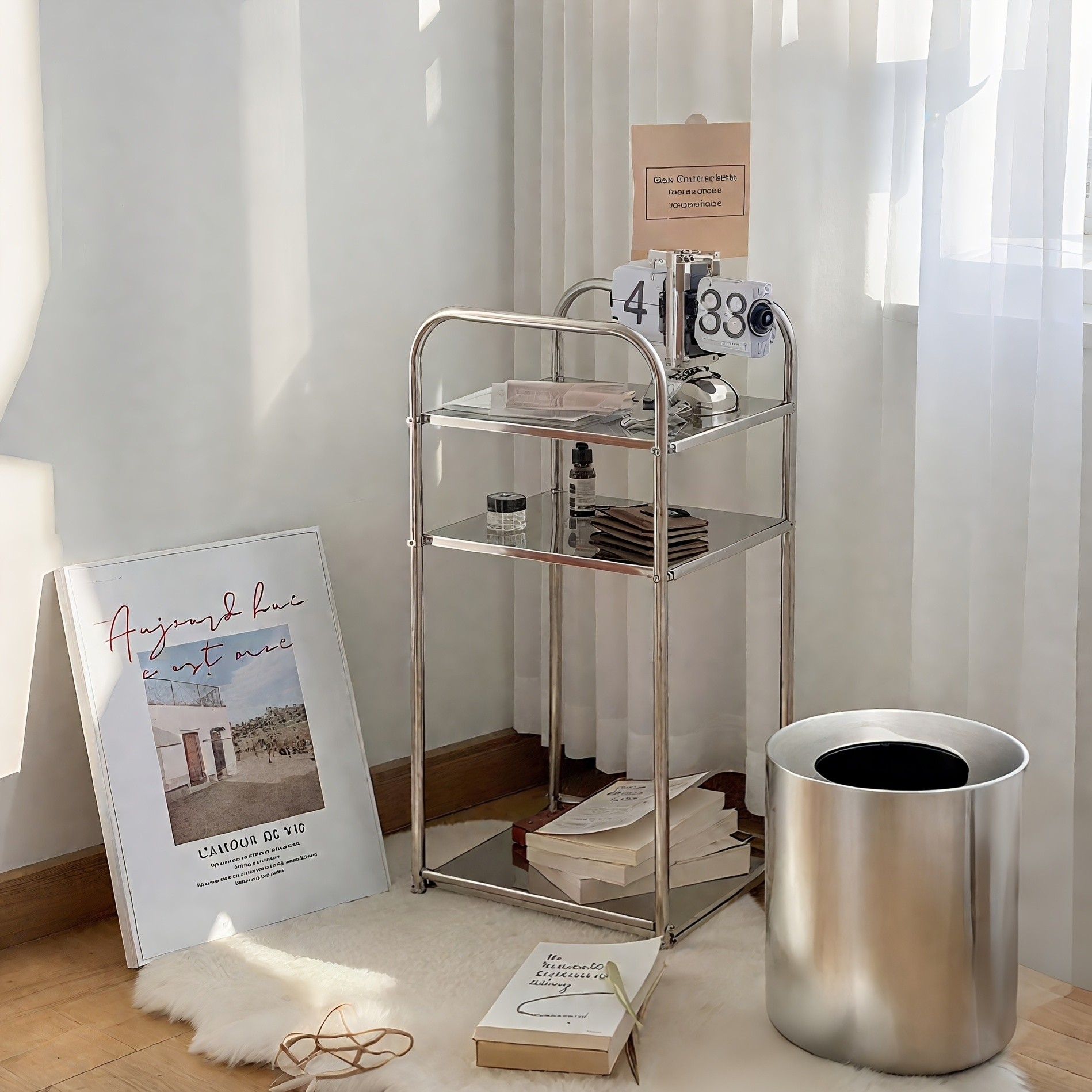 HAOZCL Three-Level Stainless Steel Side Table – Industrial Design Storage Shelf for Living Room, Bedroom, and More