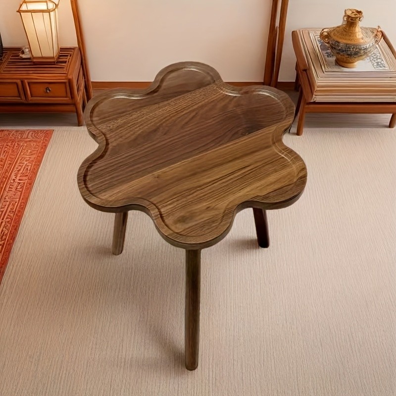 HAOZCL Round Side Table with Storage Rack – Vintage Hardwood Coffee Table with Geometric Pattern Top for Living Room, Bedroom, and Balcony