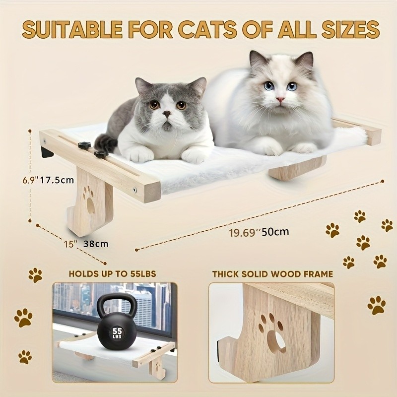 HAOZCL Cozy Cat Hammock Bed with Paw Print Design – Soft Plush Lining and Sturdy Wooden Frame for Indoor Cats to Sunbathe and Relax