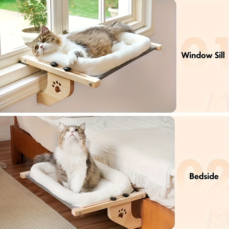 HAOZCL Cozy Cat Hammock Bed with Paw Print Design – Soft Plush Lining and Sturdy Wooden Frame for Indoor Cats to Sunbathe and Relax