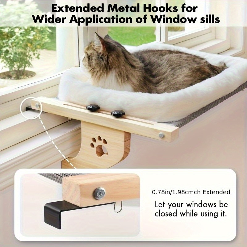 HAOZCL Cozy Cat Hammock Bed with Paw Print Design – Soft Plush Lining and Sturdy Wooden Frame for Indoor Cats to Sunbathe and Relax