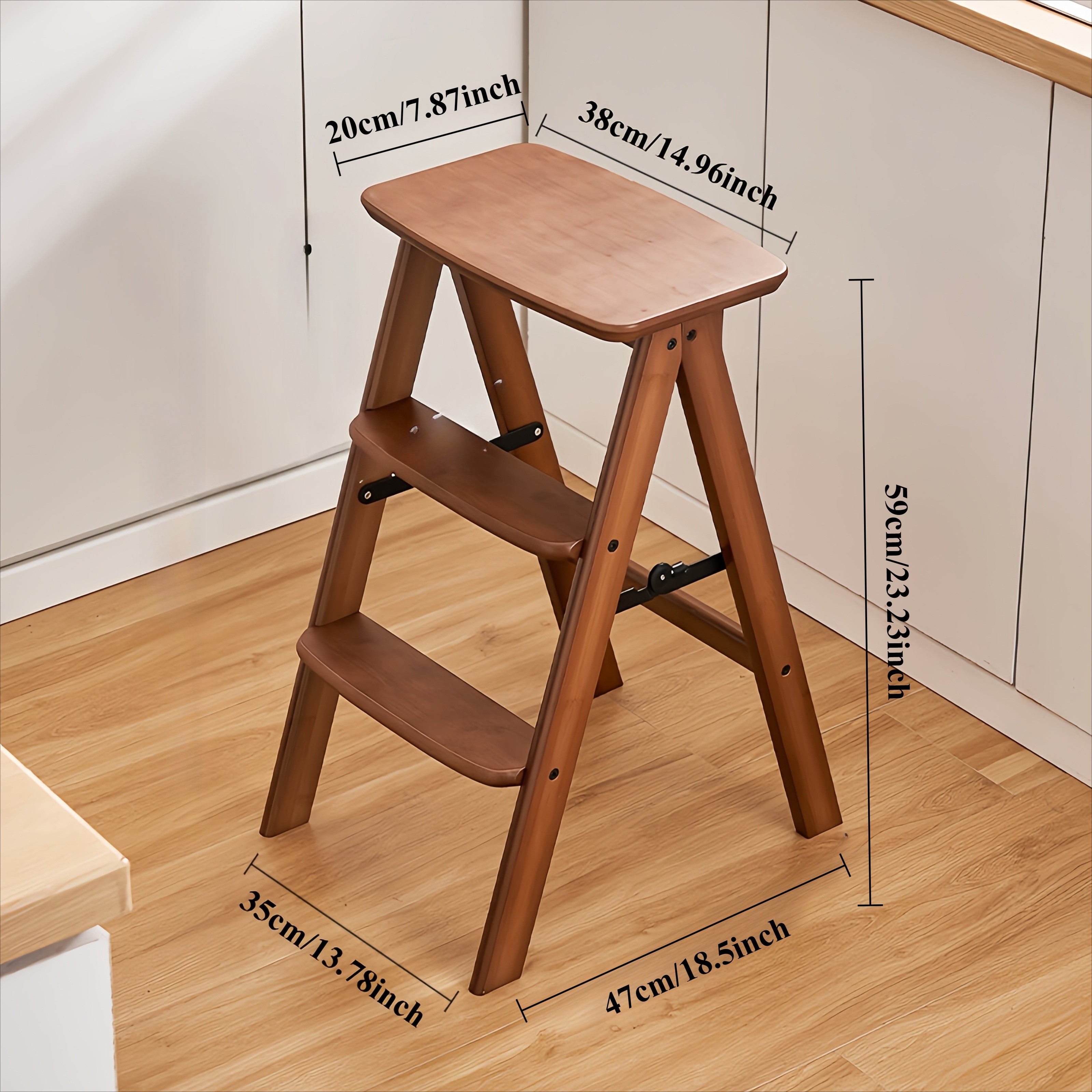 HAOZCL Multi-Functional 3-Tier Folding Step Stool – Portable Ladder with Natural Finish for Home, Office, and Outdoor Use