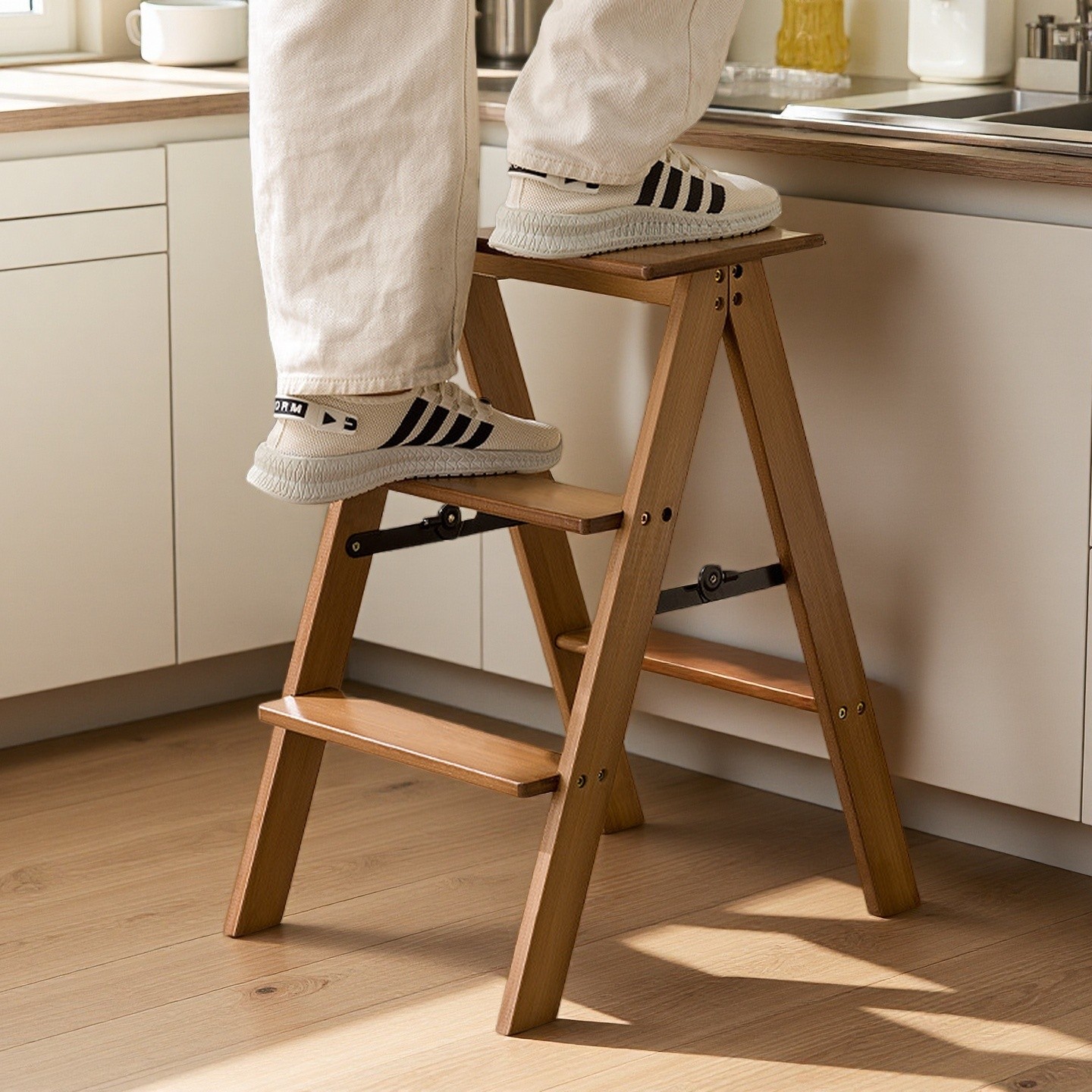 HAOZCL Multi-Functional 3-Tier Folding Step Stool – Portable Ladder with Natural Finish for Home, Office, and Outdoor Use