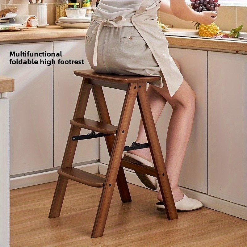 HAOZCL Multi-Functional 3-Tier Folding Step Stool – Portable Ladder with Natural Finish for Home, Office, and Outdoor Use