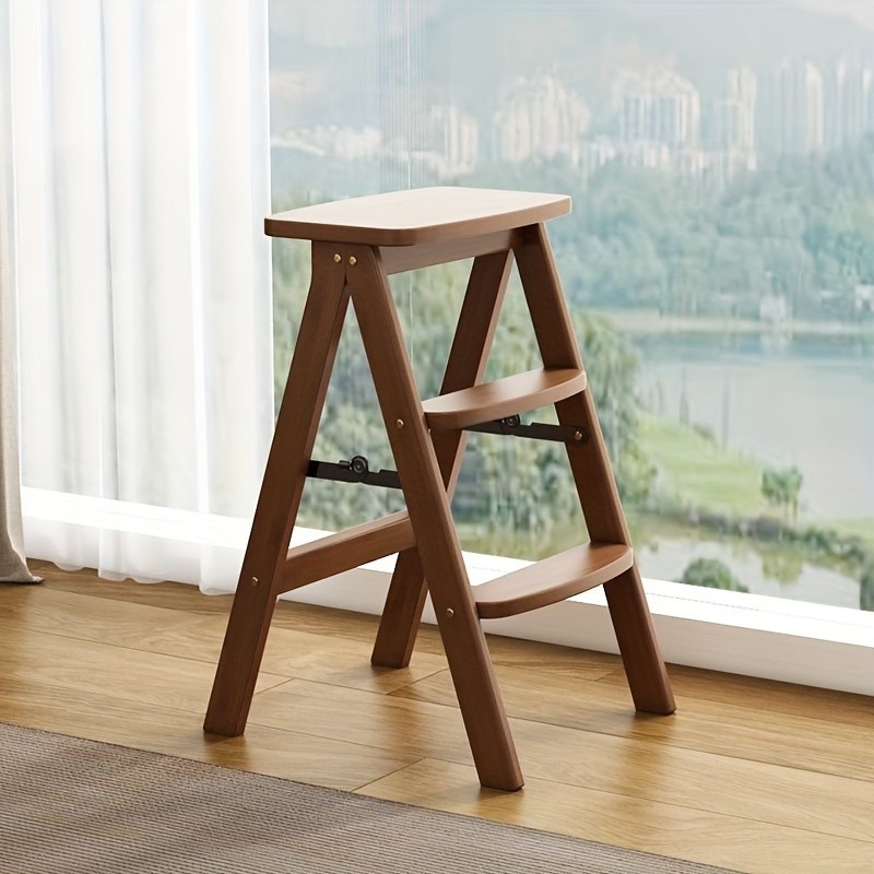 HAOZCL Multi-Functional 3-Tier Folding Step Stool – Portable Ladder with Natural Finish for Home, Office, and Outdoor Use