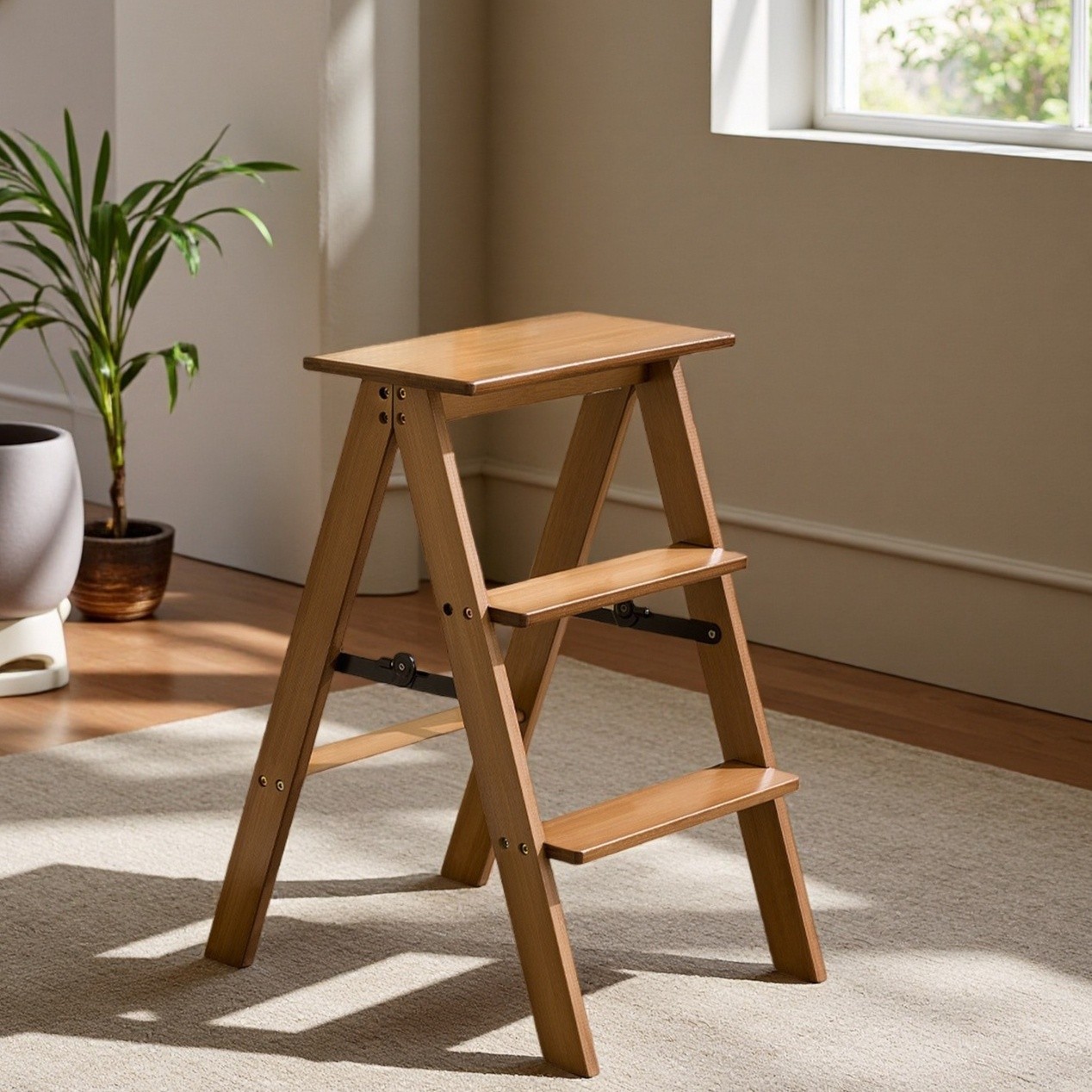 HAOZCL Multi-Functional 3-Tier Folding Step Stool – Portable Ladder with Natural Finish for Home, Office, and Outdoor Use