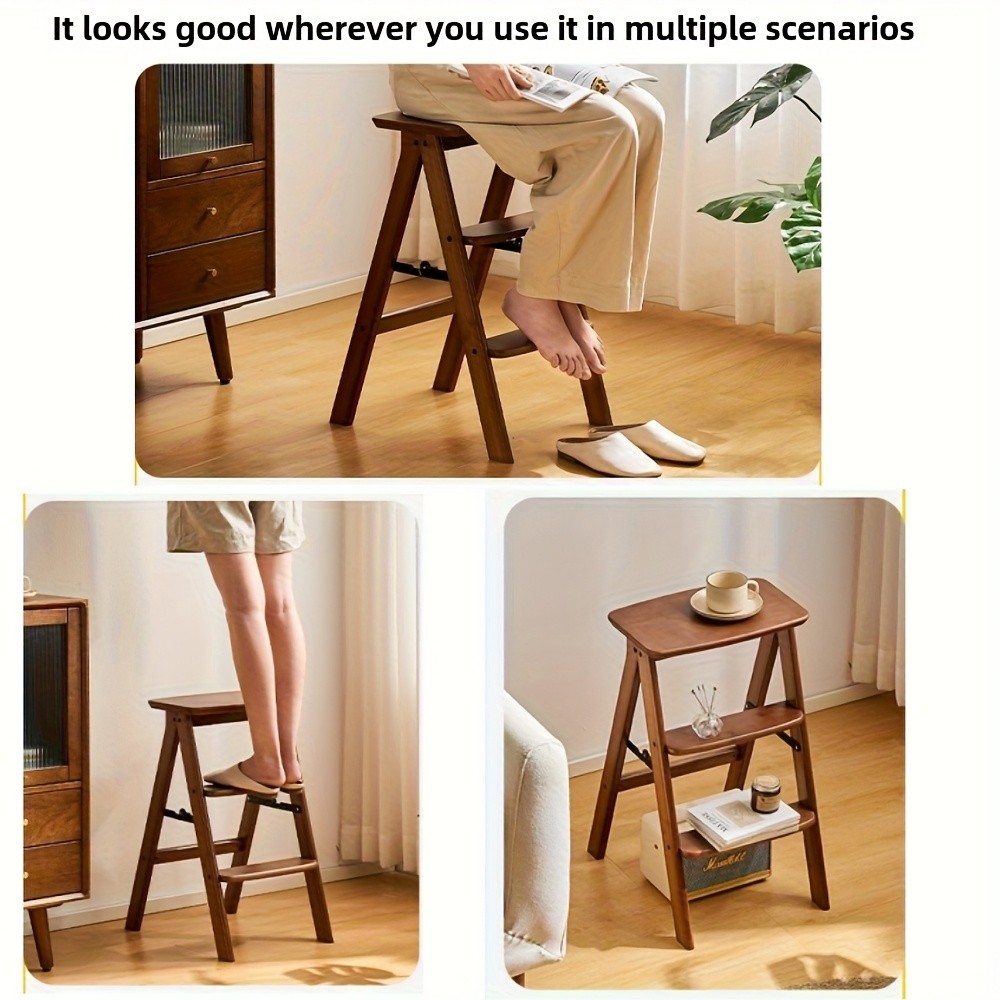 HAOZCL Multi-Functional 3-Tier Folding Step Stool – Portable Ladder with Natural Finish for Home, Office, and Outdoor Use