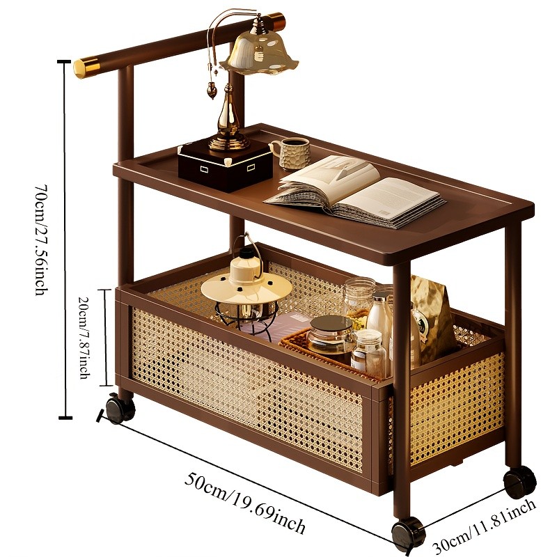 HAOZCL Antique Style Solid Hardwood Mobile Side Table with Golden Accents – Vintage Tea Cart on Wheels for Living Room with Open Shelves and Baskets