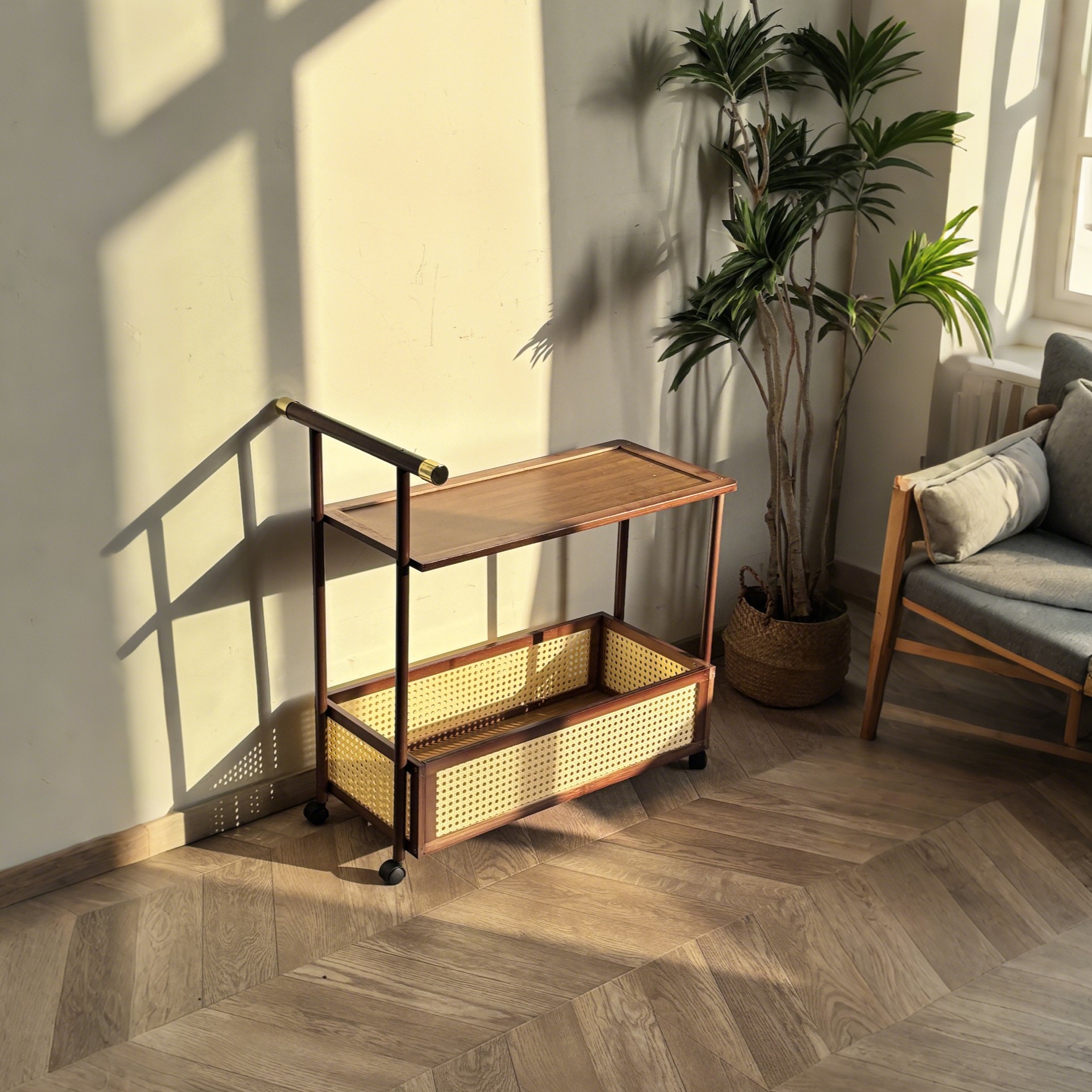 HAOZCL Antique Style Solid Hardwood Mobile Side Table with Golden Accents – Vintage Tea Cart on Wheels for Living Room with Open Shelves and Baskets