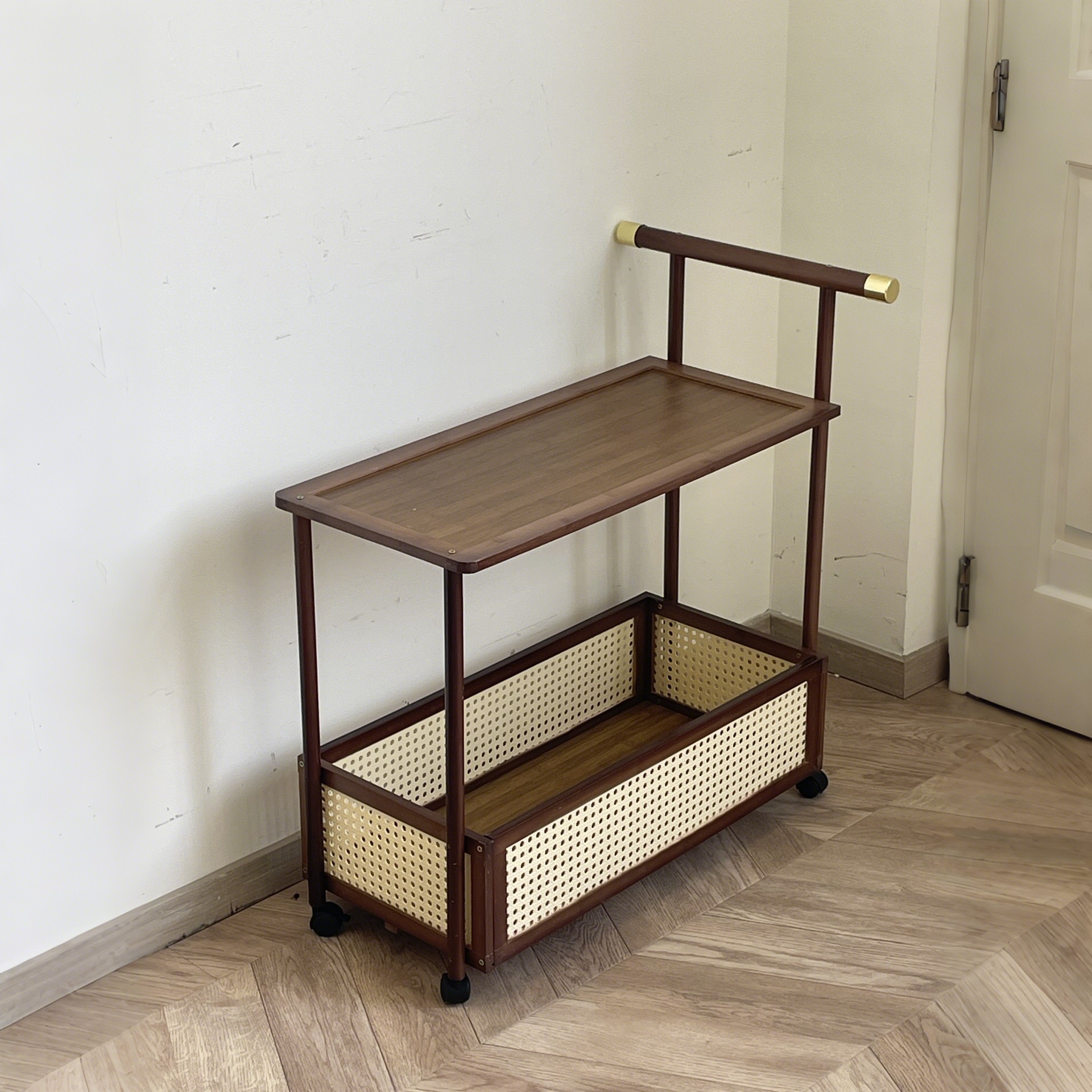 HAOZCL Antique Style Solid Hardwood Mobile Side Table with Golden Accents – Vintage Tea Cart on Wheels for Living Room with Open Shelves and Baskets