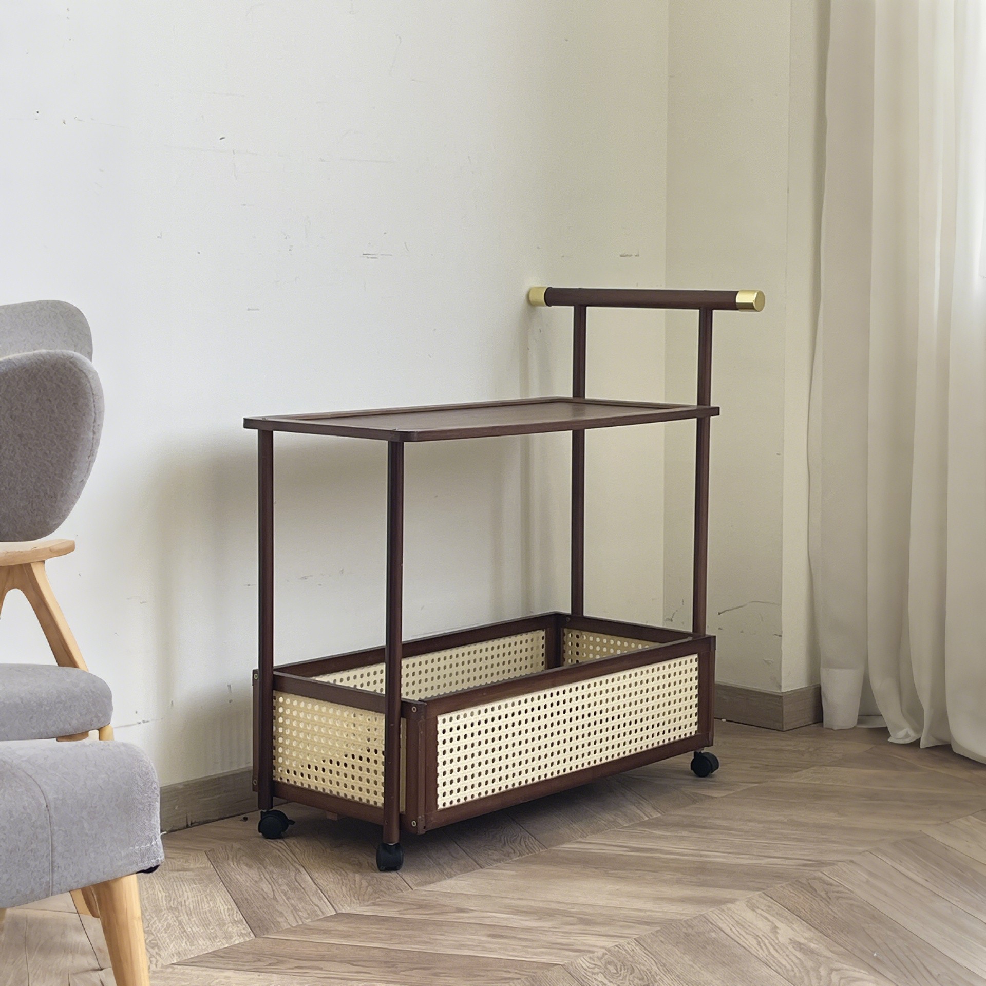 HAOZCL Antique Style Solid Hardwood Mobile Side Table with Golden Accents – Vintage Tea Cart on Wheels for Living Room with Open Shelves and Baskets